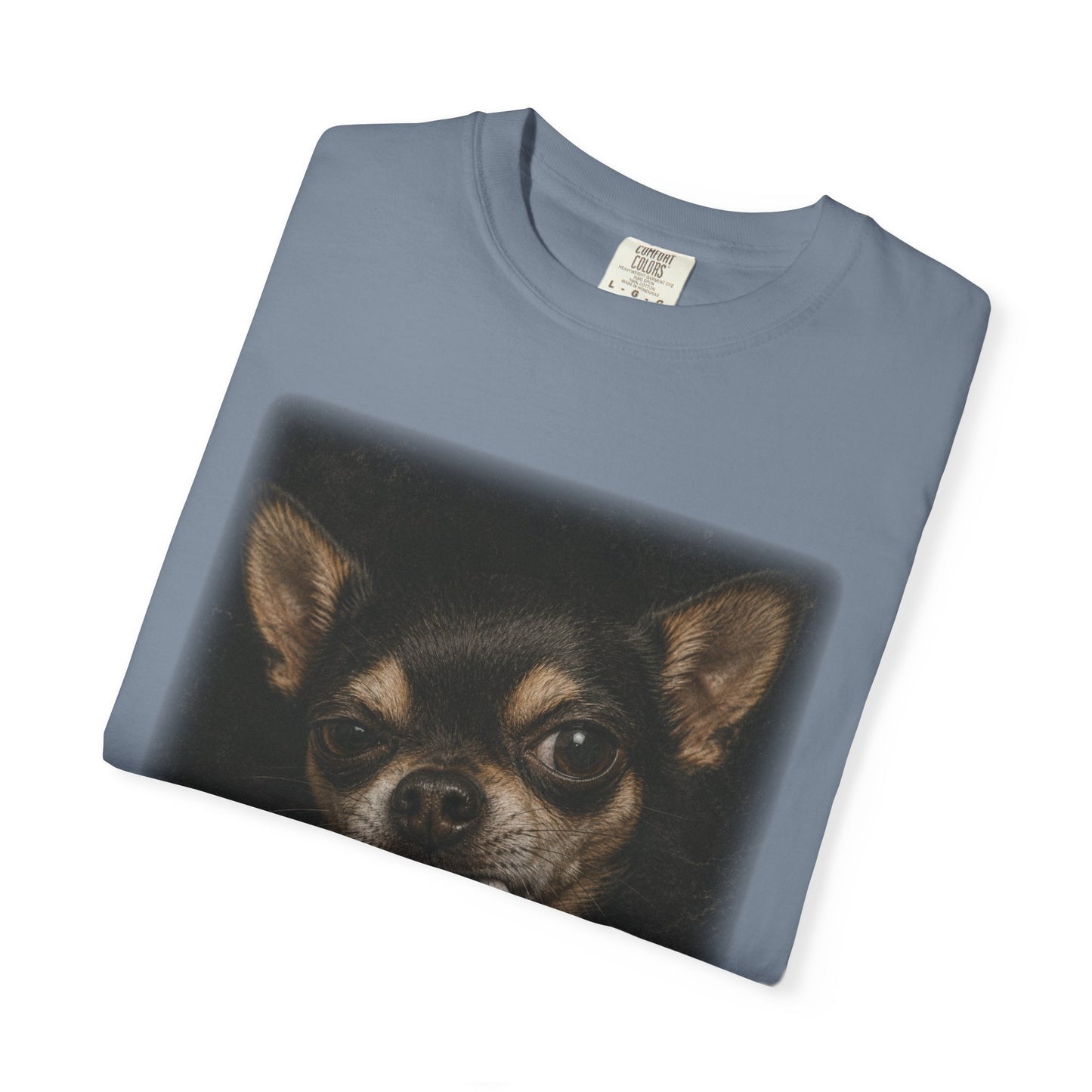 Tough Side-Eye Chihuahua T-Shirt — Distressed Photo Realistic ’Paws Cause Cancer’ Design