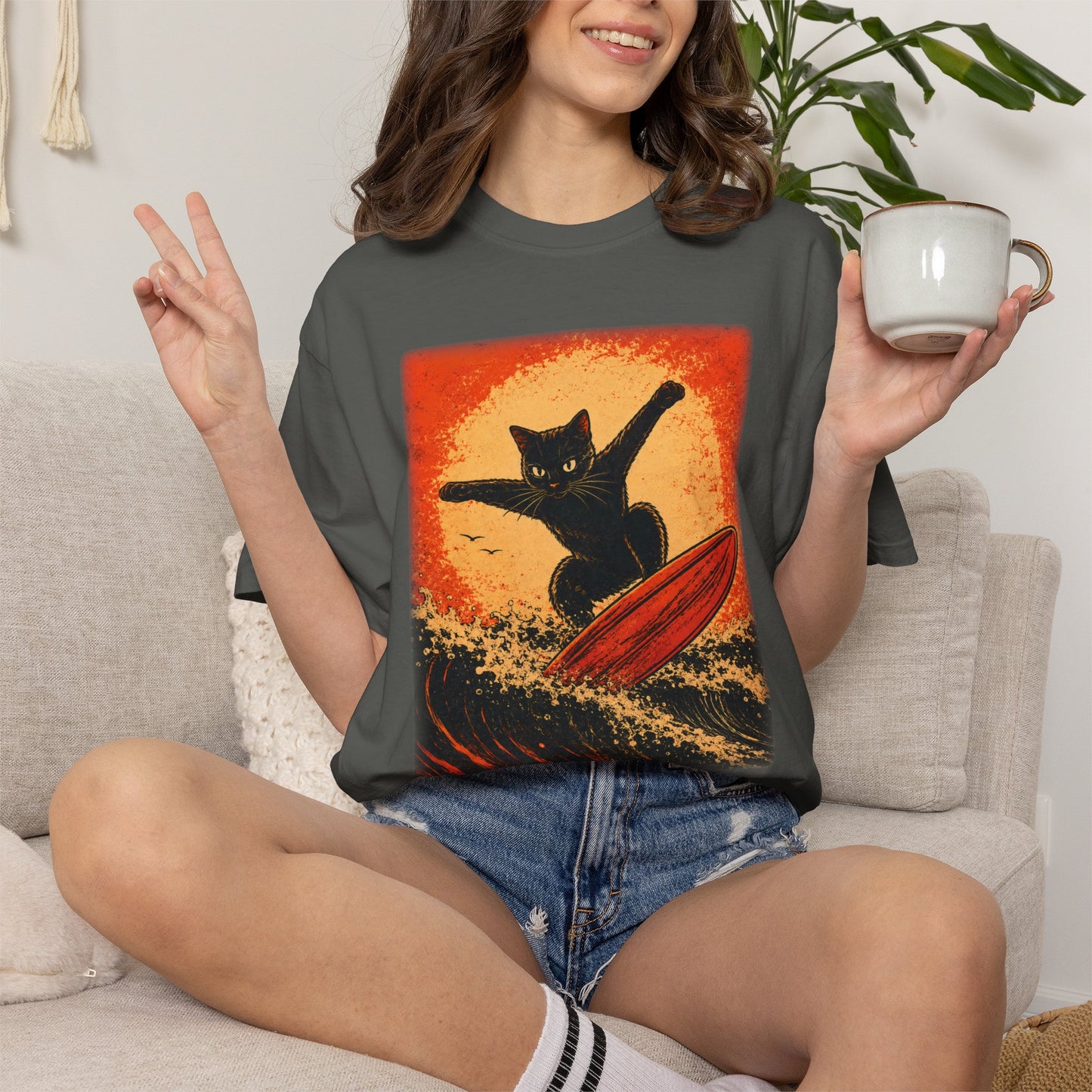 Retro Black Cat Surfing T-Shirt — Vintage Surf Poster Tee