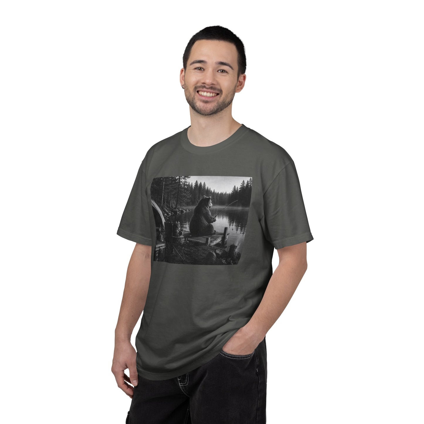 Campground Bear & Cat Fishing T-Shirt — Daytime Camping Scene, 'Coffee & Catch'