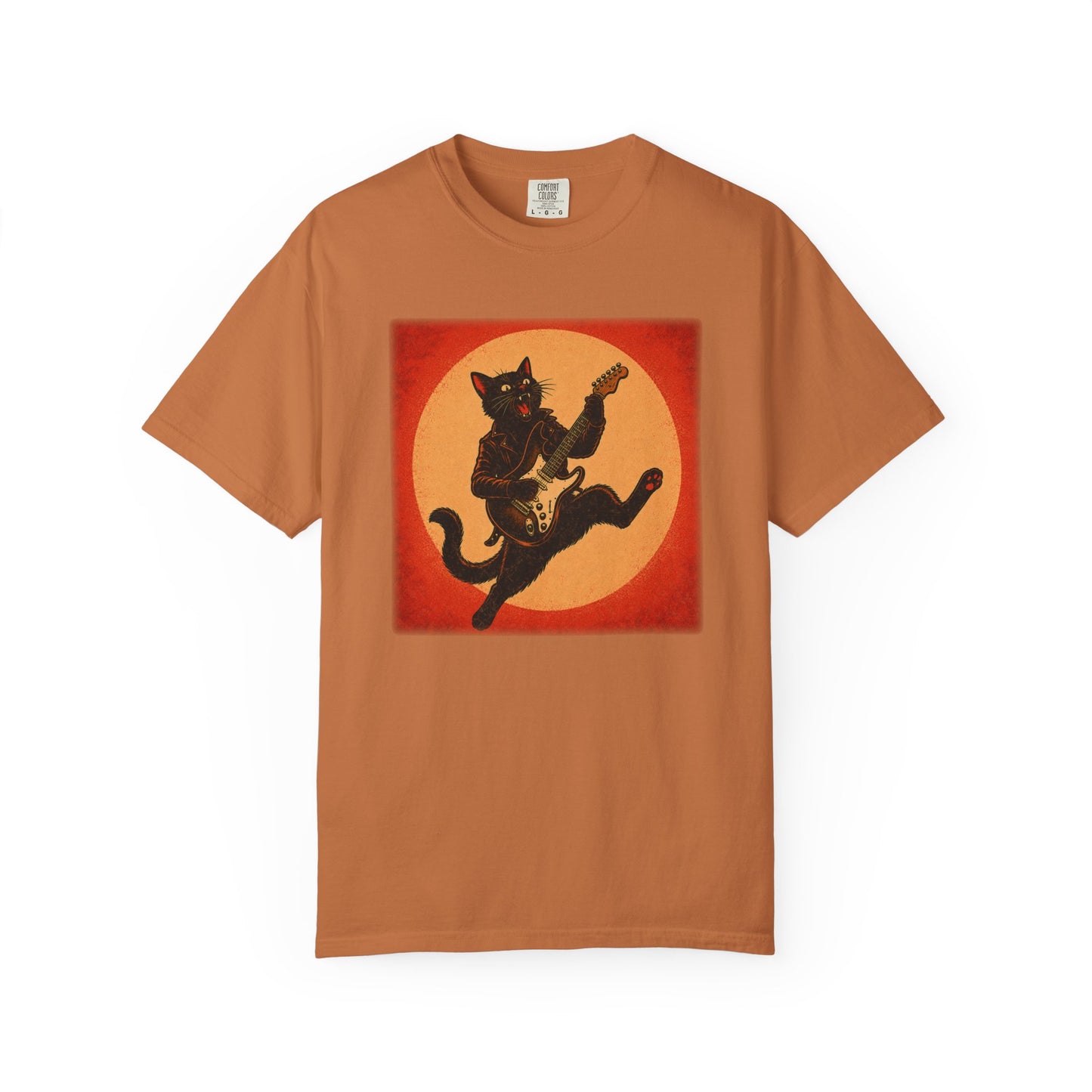 Retro Distressed Black Cat Rocker T-Shirt — Jumping Guitar Vintage Tee