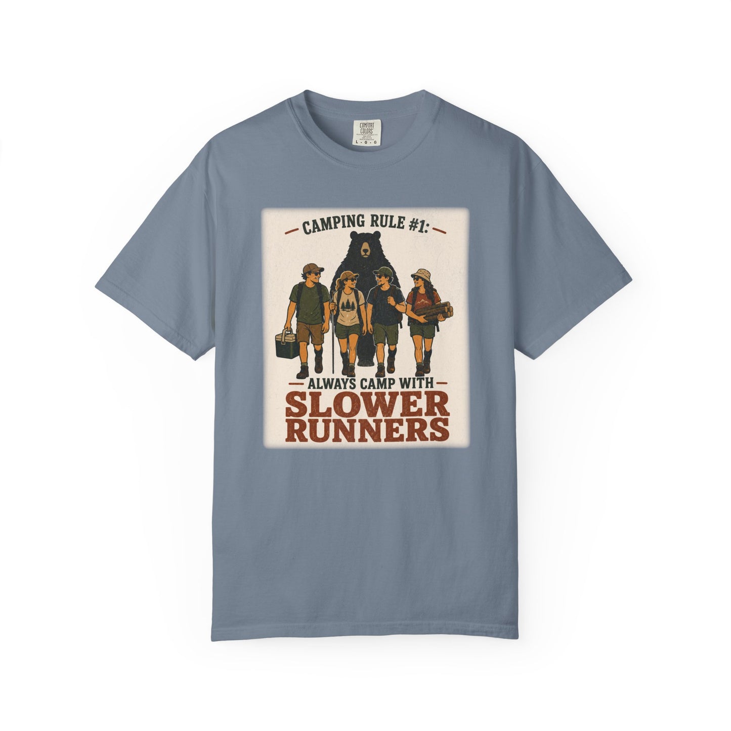 Camping Rule T-Shirt — “Always Camp with Slower Runners” Vintage Outdoor Tee