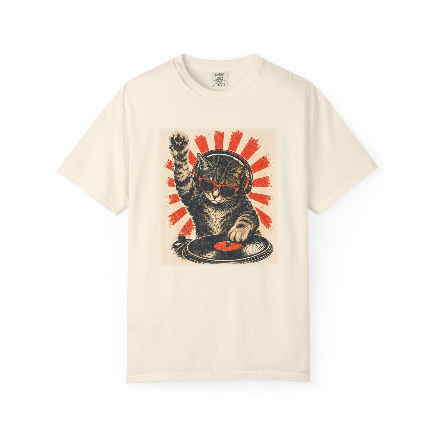 Retro DJ Cat T-Shirt — Vintage Sunburst Distressed Poster Design