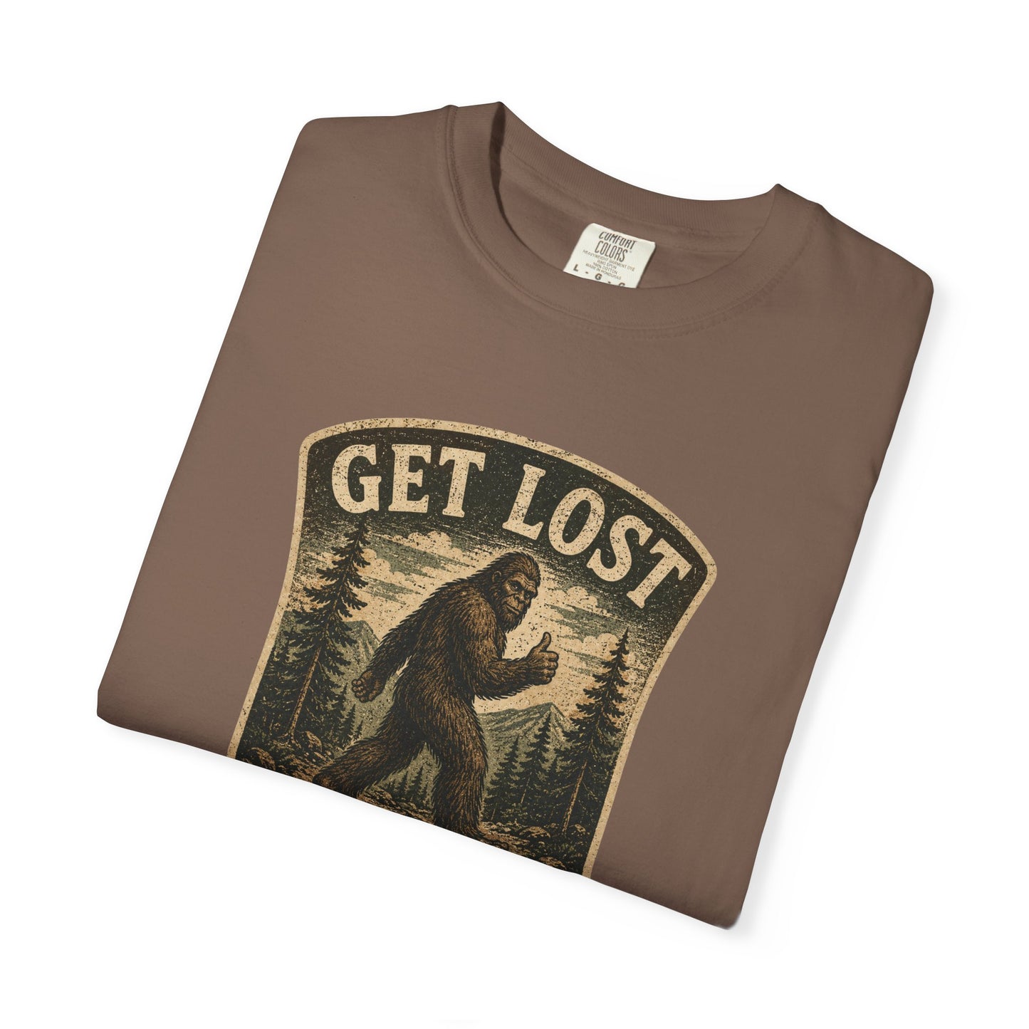 GET LOST Bigfoot Vintage Badge T-shirt — Retro Camping & Hiking Tee