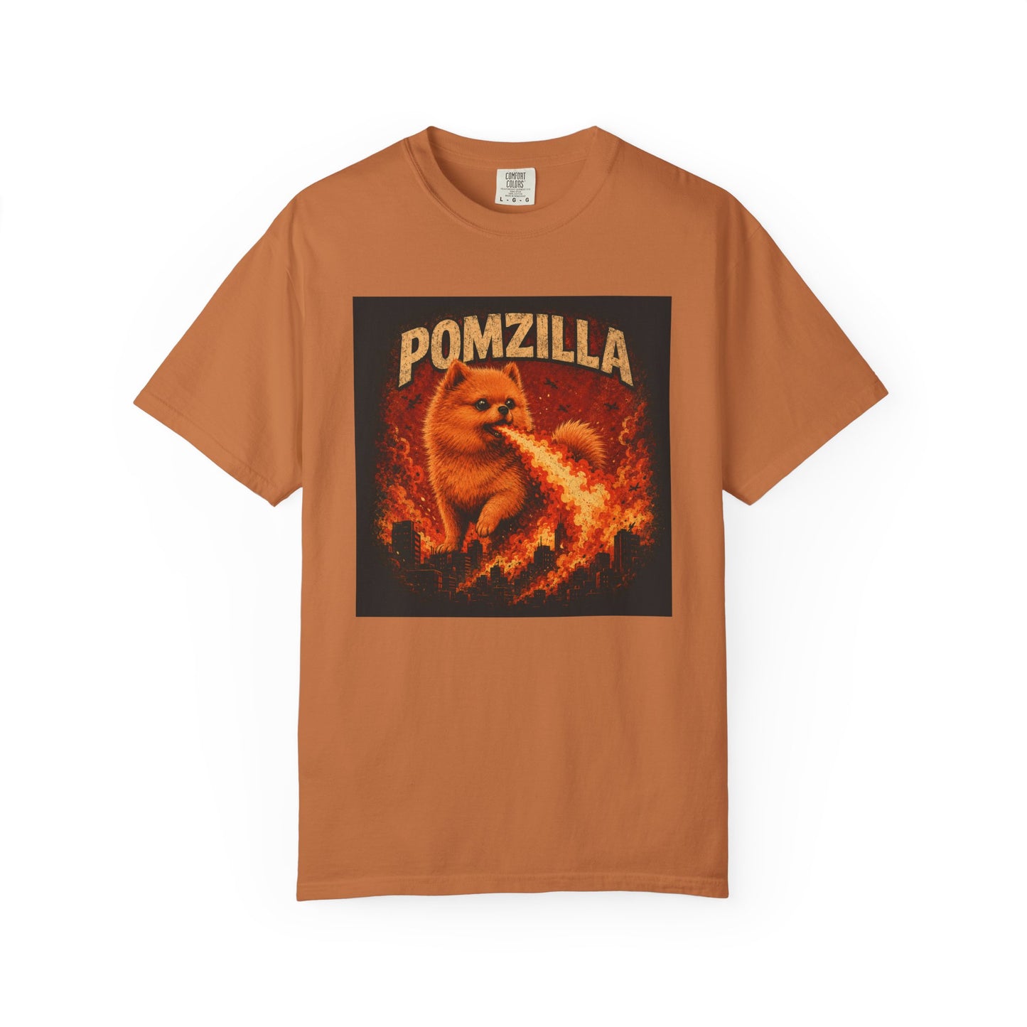 Pomzilla Funny Pomeranian Monster T-Shirt | Retro Kaiju Dog Graphic Tee | Vintage Fire-Breathing Pom Shirt