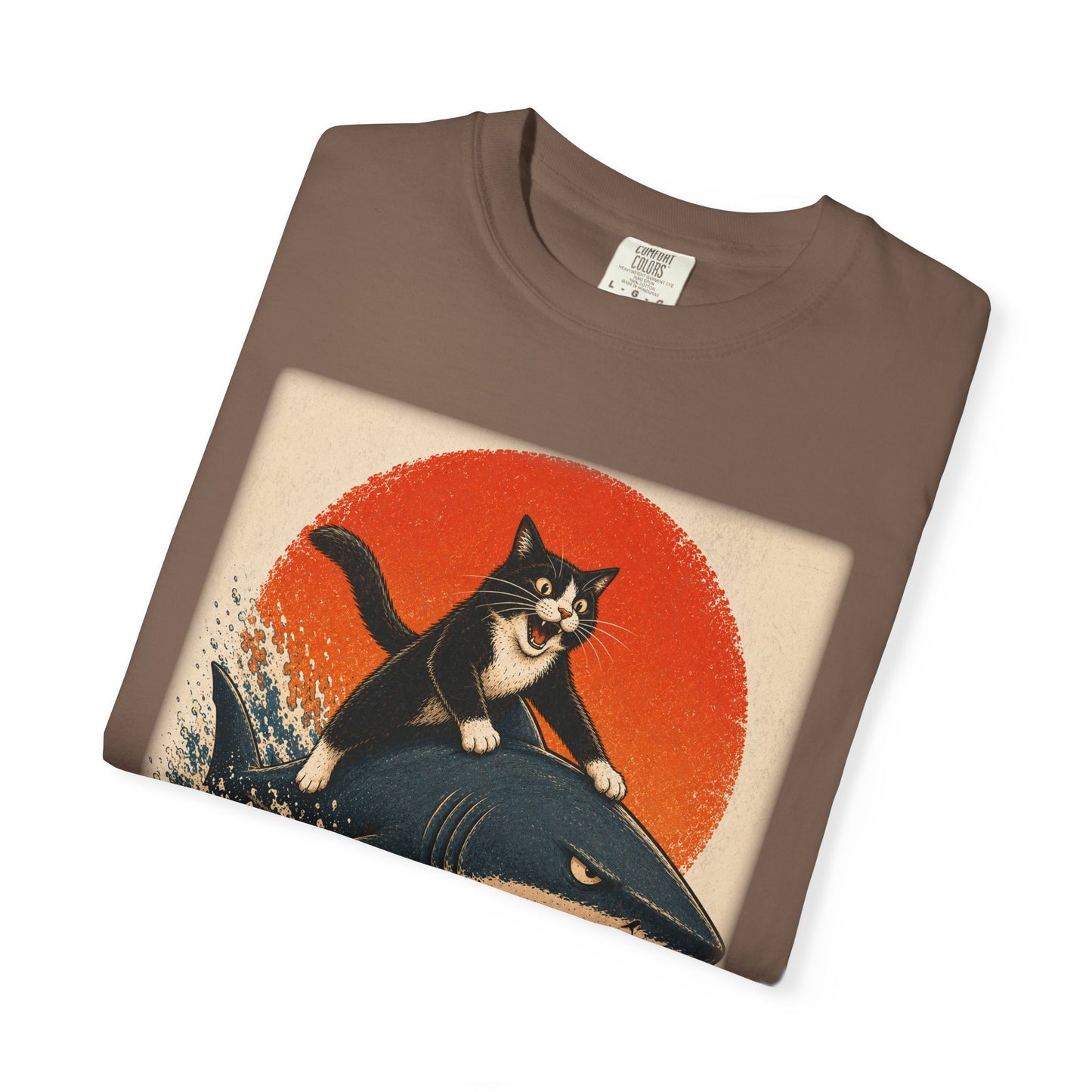 Retro Distressed Cat Riding Shark T-Shirt — Vintage Joyful Cat Surf Design