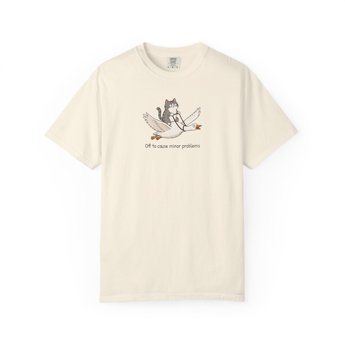 Off to Cause Minor Problems Shirt | Funny Cat Riding Goose Graphic Tee | Cute Comfort Colors® T-Shirt