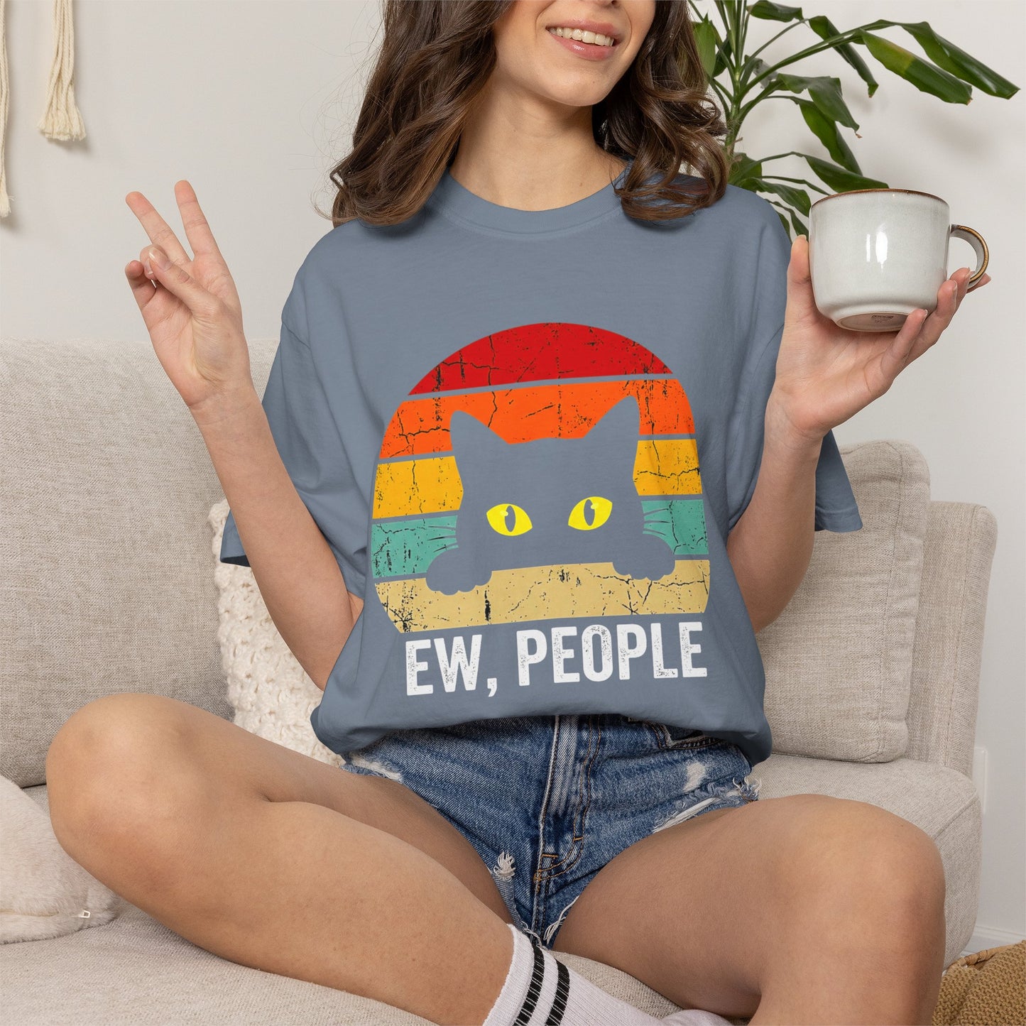 Ew, People Cat T-Shirt — Retro Sunset Graphic for Introverts & Cat Lovers