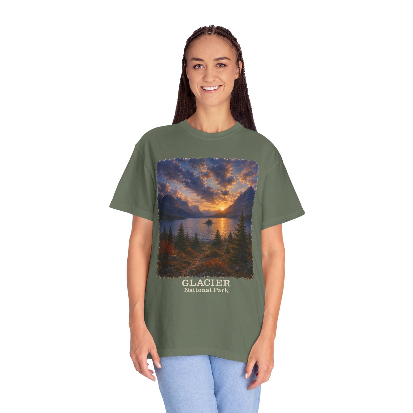Glacier National Park Vintage Montana Landscape Sunset Scenic Wild Goose Island T-Shirt
