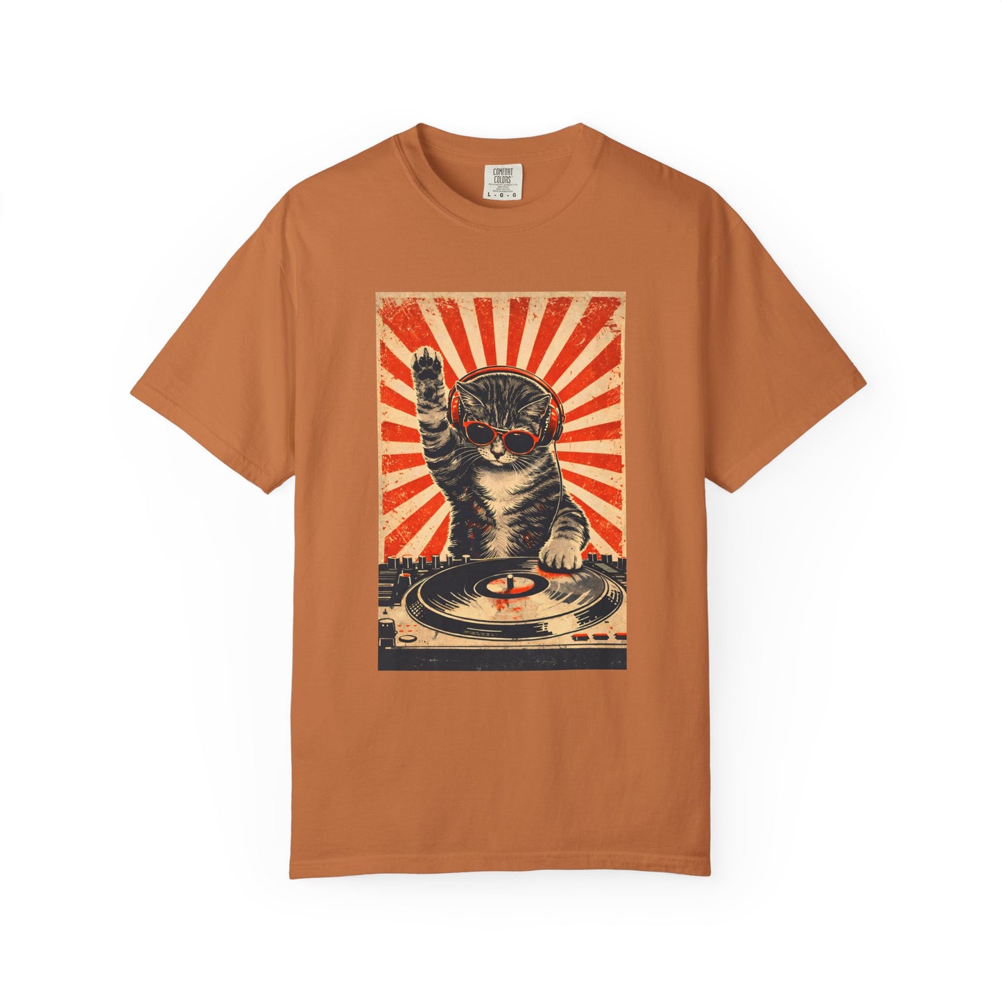Retro DJ Cat T-Shirt — Vintage Sunburst Distressed Poster Design