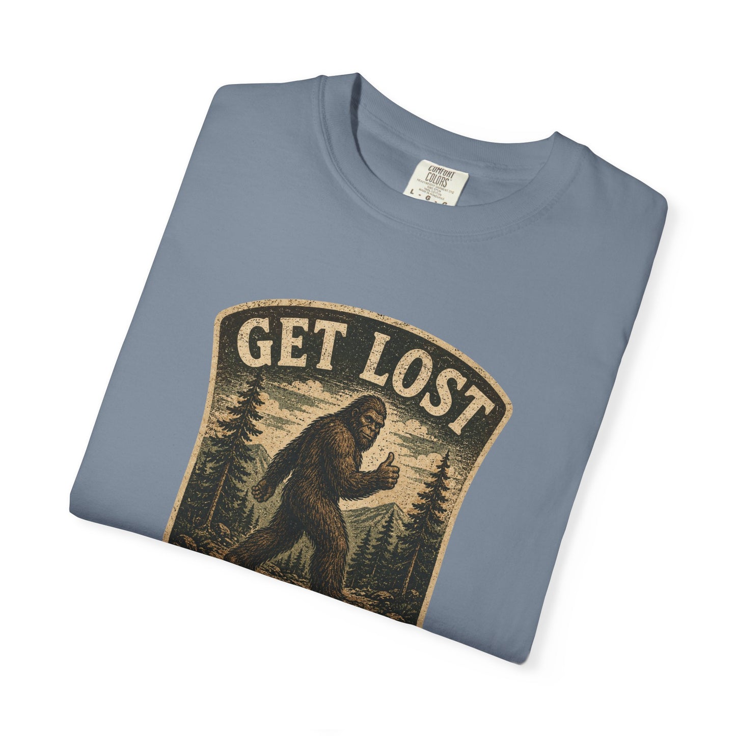 GET LOST Bigfoot Vintage Badge T-shirt — Retro Camping & Hiking Tee