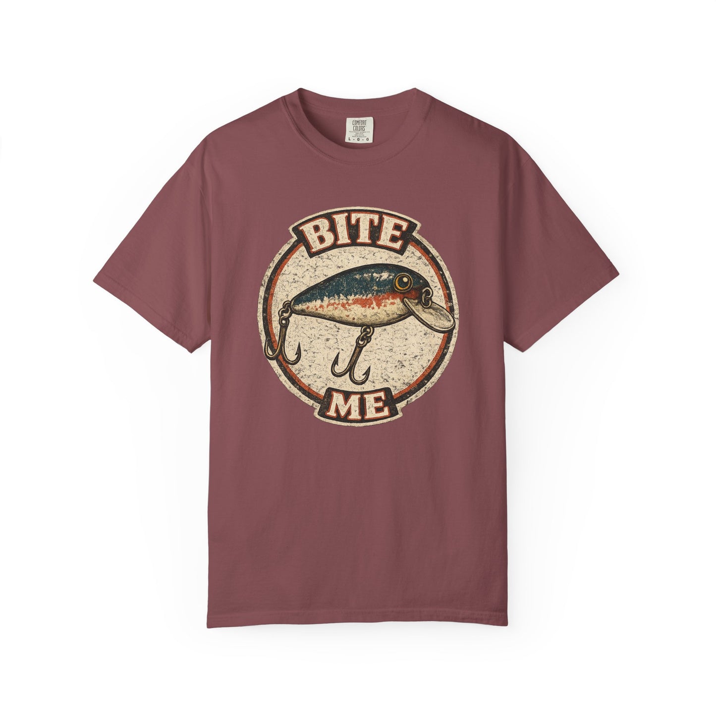 Vintage "Bite Me" Fishing Lure Badge T-Shirt