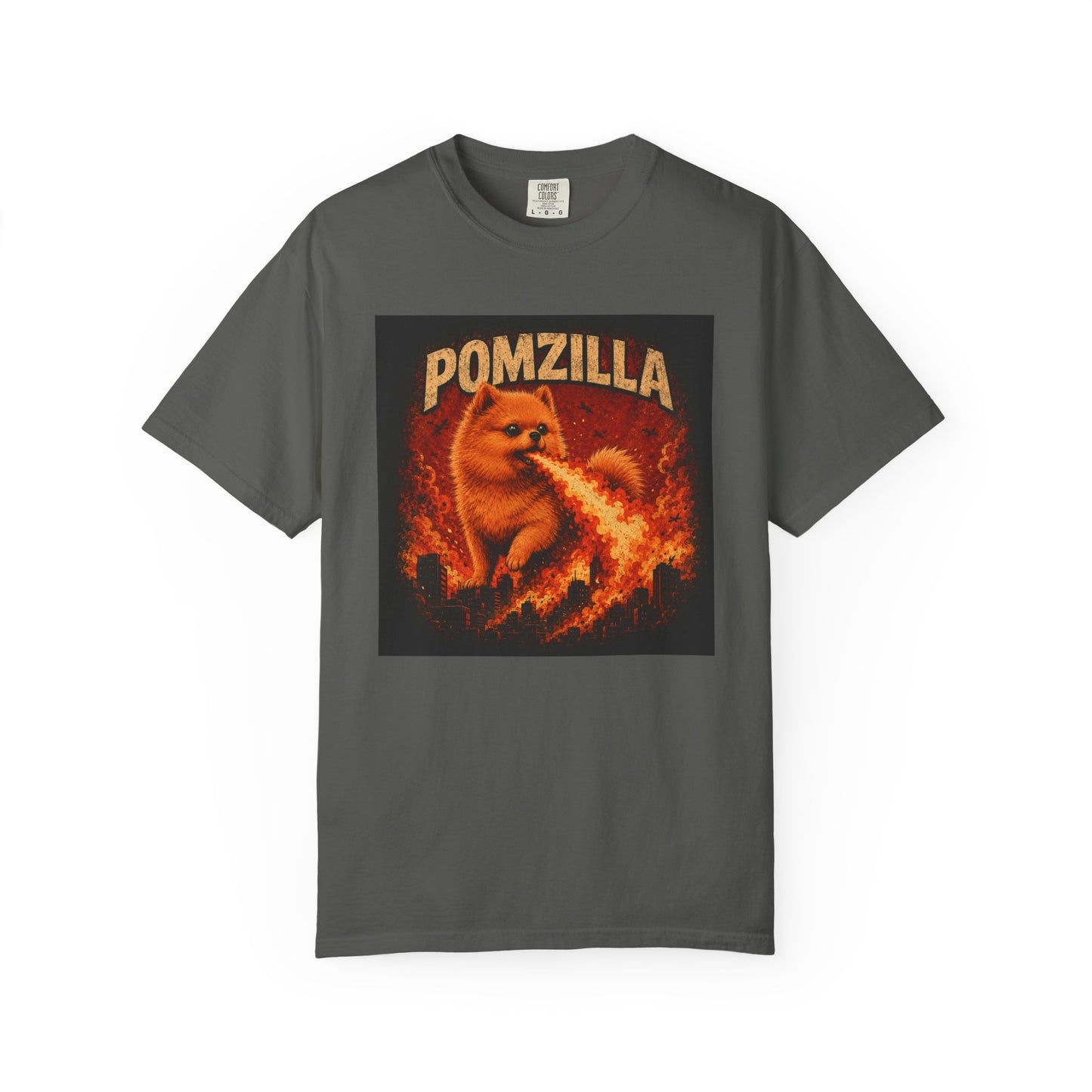 Pomzilla Funny Pomeranian Monster T-Shirt | Retro Kaiju Dog Graphic Tee | Vintage Fire-Breathing Pom Shirt