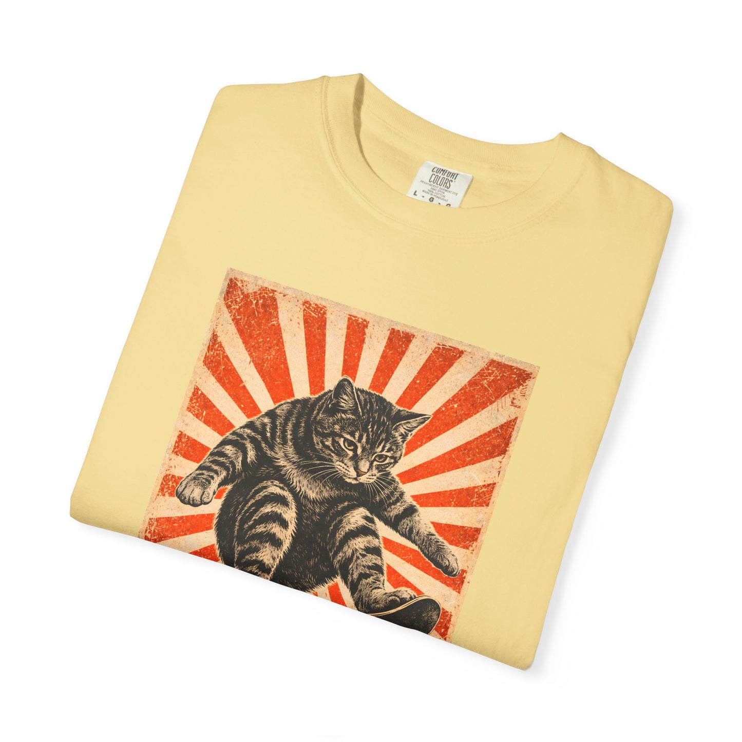 Skateboarding Cat Graphic T-Shirt | Retro Sunburst Skateboard Tee