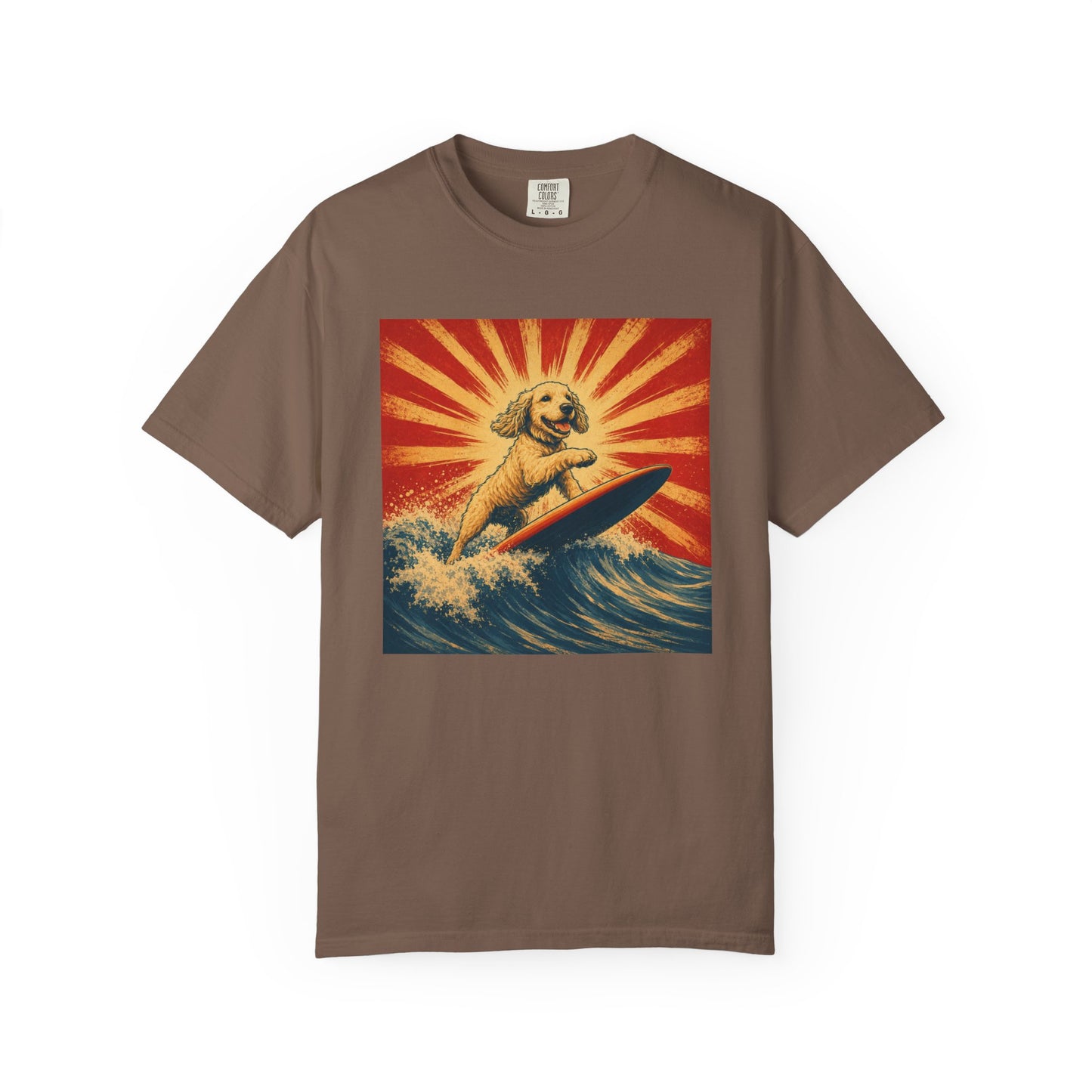 Retro Surfing Doodle Dog T-Shirt | Vintage Beach Dog Graphic Tee | Funny Coastal Summer Shirt