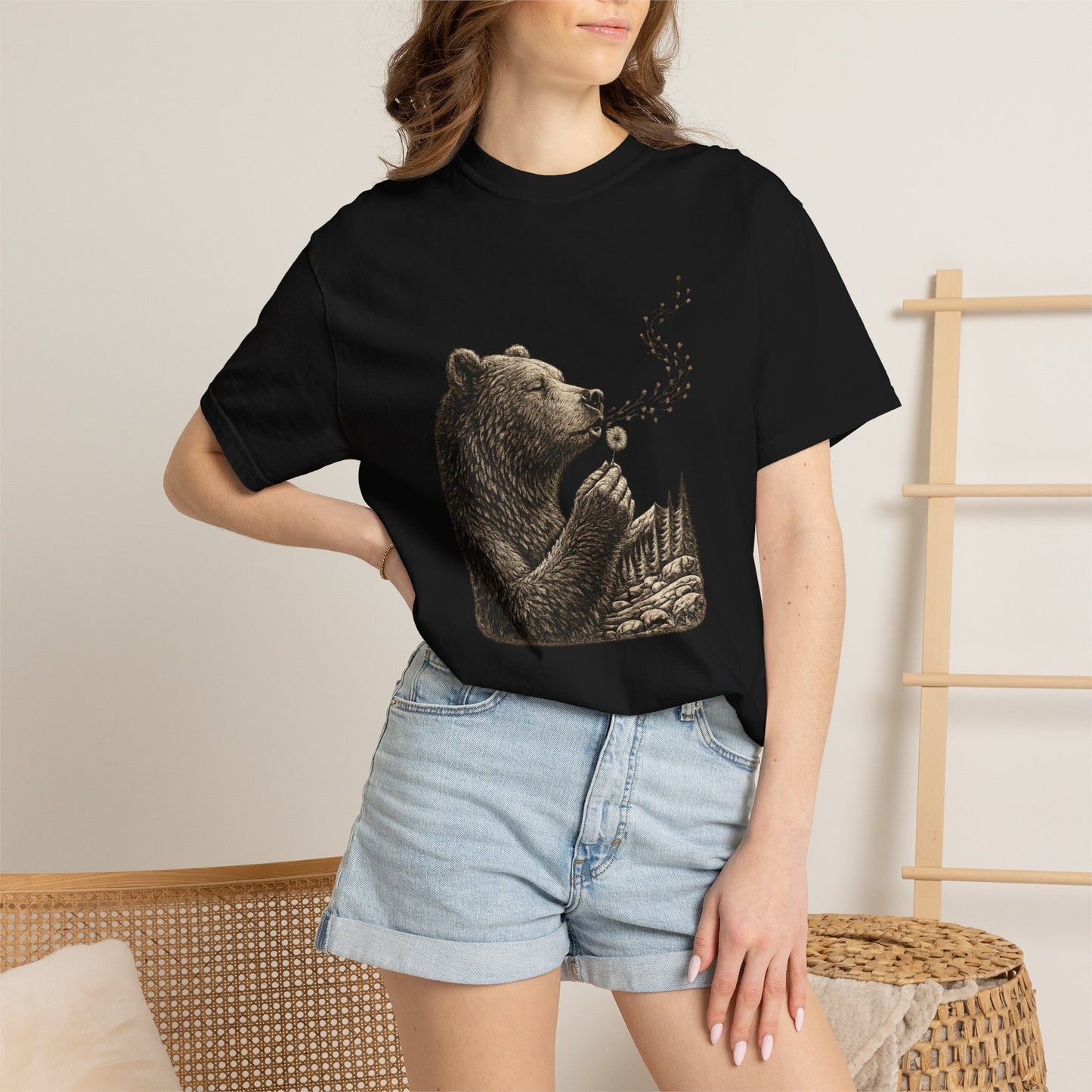 Bear Blowing Dandelion T-Shirt — Outdoor Enthusiast Woodland Nature Graphic Tee