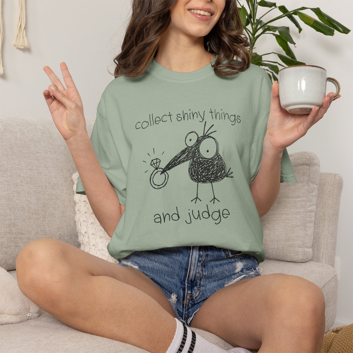 Collect Shiny Things and Judge Shirt | Funny Crow Shirt | Introvert Humor Tee | Weird Bird Graphic Shirt