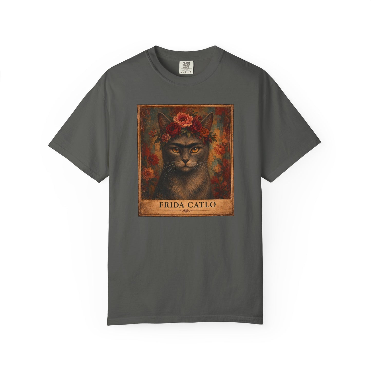Frida Catlo Art Parody T-Shirt — Funny Frida Kahlo Cat with Flower Crown