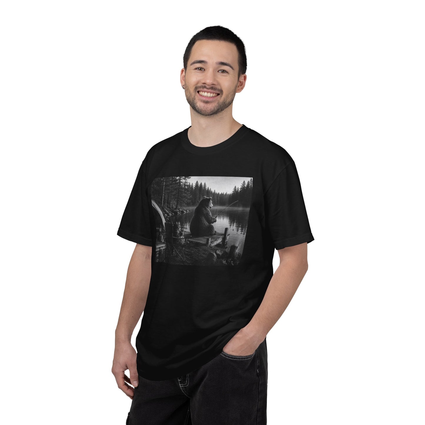 Campground Bear & Cat Fishing T-Shirt — Daytime Camping Scene, 'Coffee & Catch'