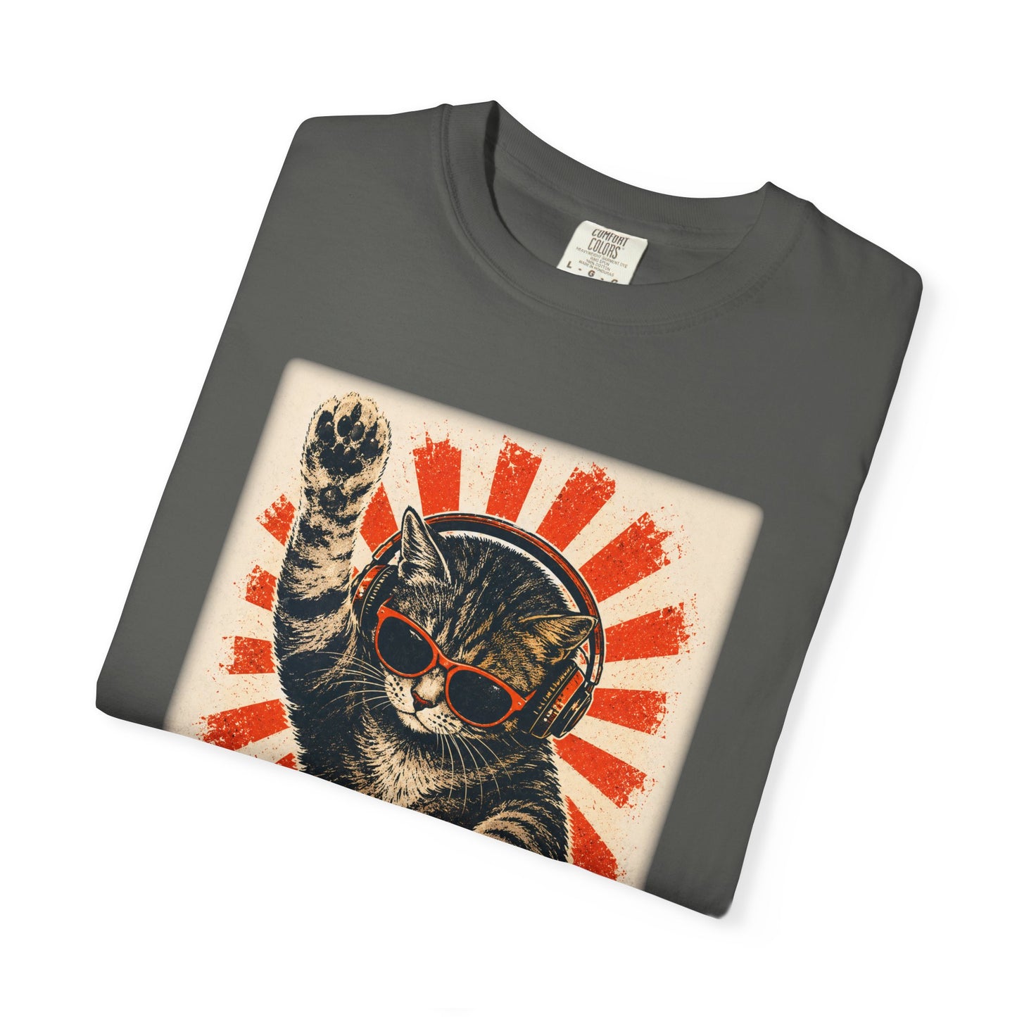 Retro DJ Cat T-Shirt — Vintage Sunburst Distressed Poster Design