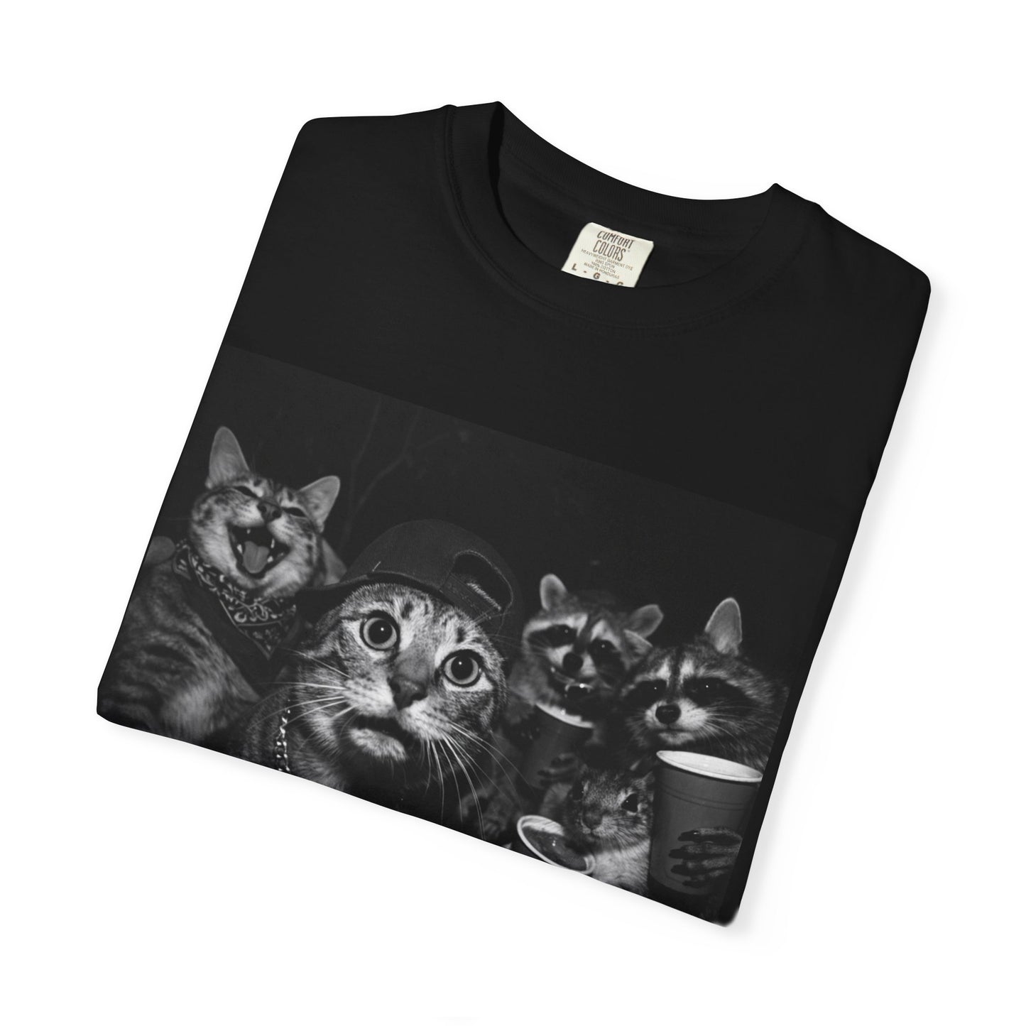 Backyard Wildlife Party T-Shirt — Funny Raccoon, Cat & Squirrel Caught in the Act