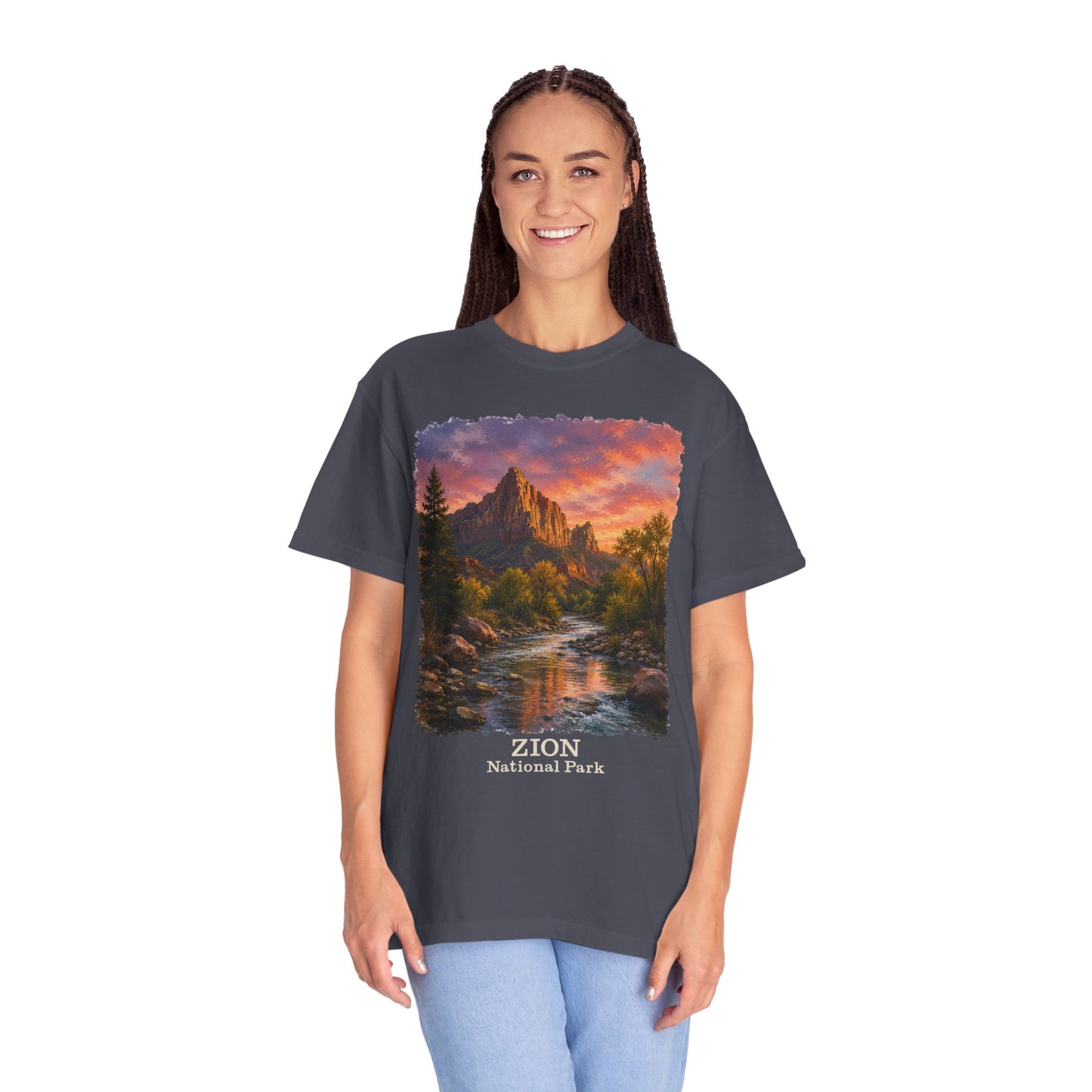 Zion National Park Scenic T-Shirt — Sunset Mountain River The Watchman Graphic Tee