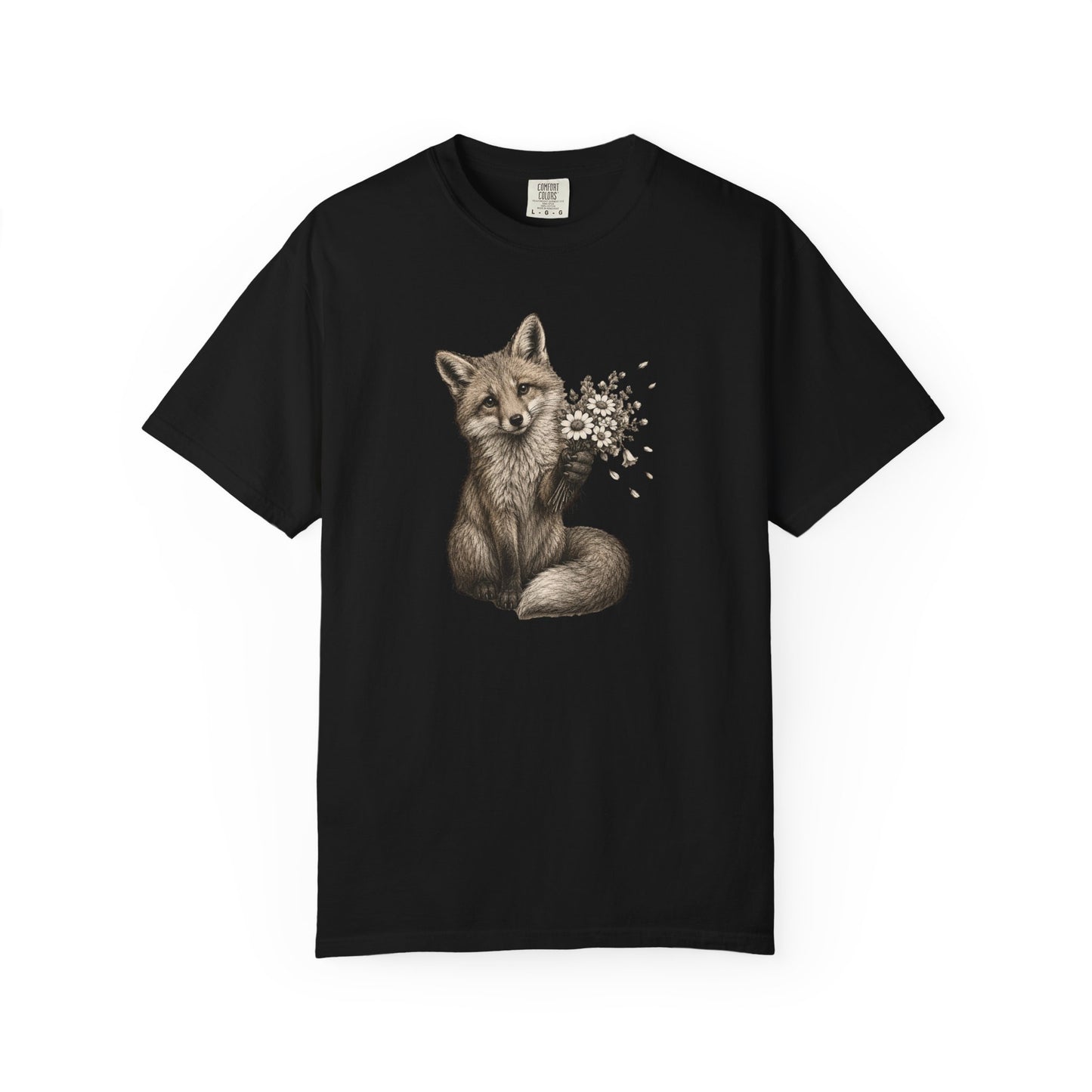 Cute Fox Holding Wildflower Bouquet T-Shirt — Gift, Nature Lover Tee, Woodland Animal Graphic Tee