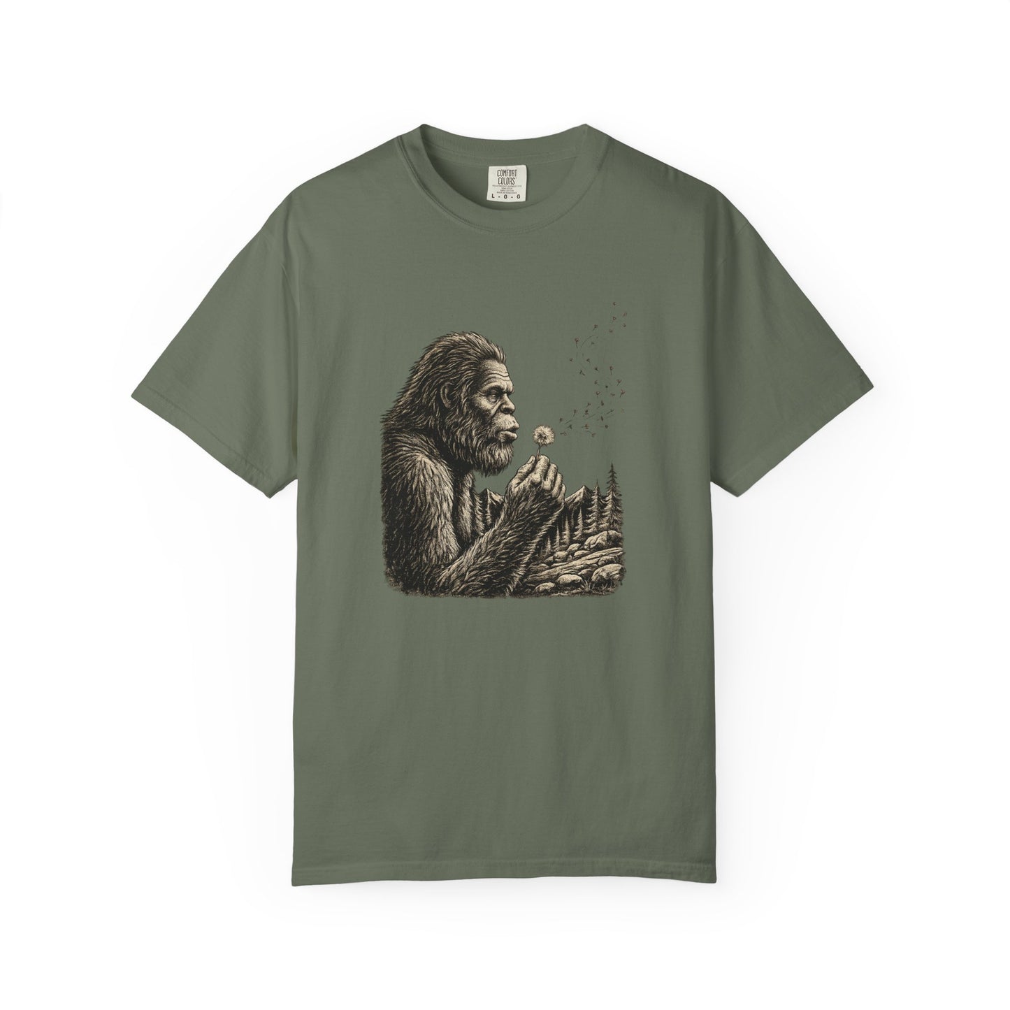 Bigfoot Blowing Dandelion Wish T-Shirt — Sasquatch Hiking Camper Tee