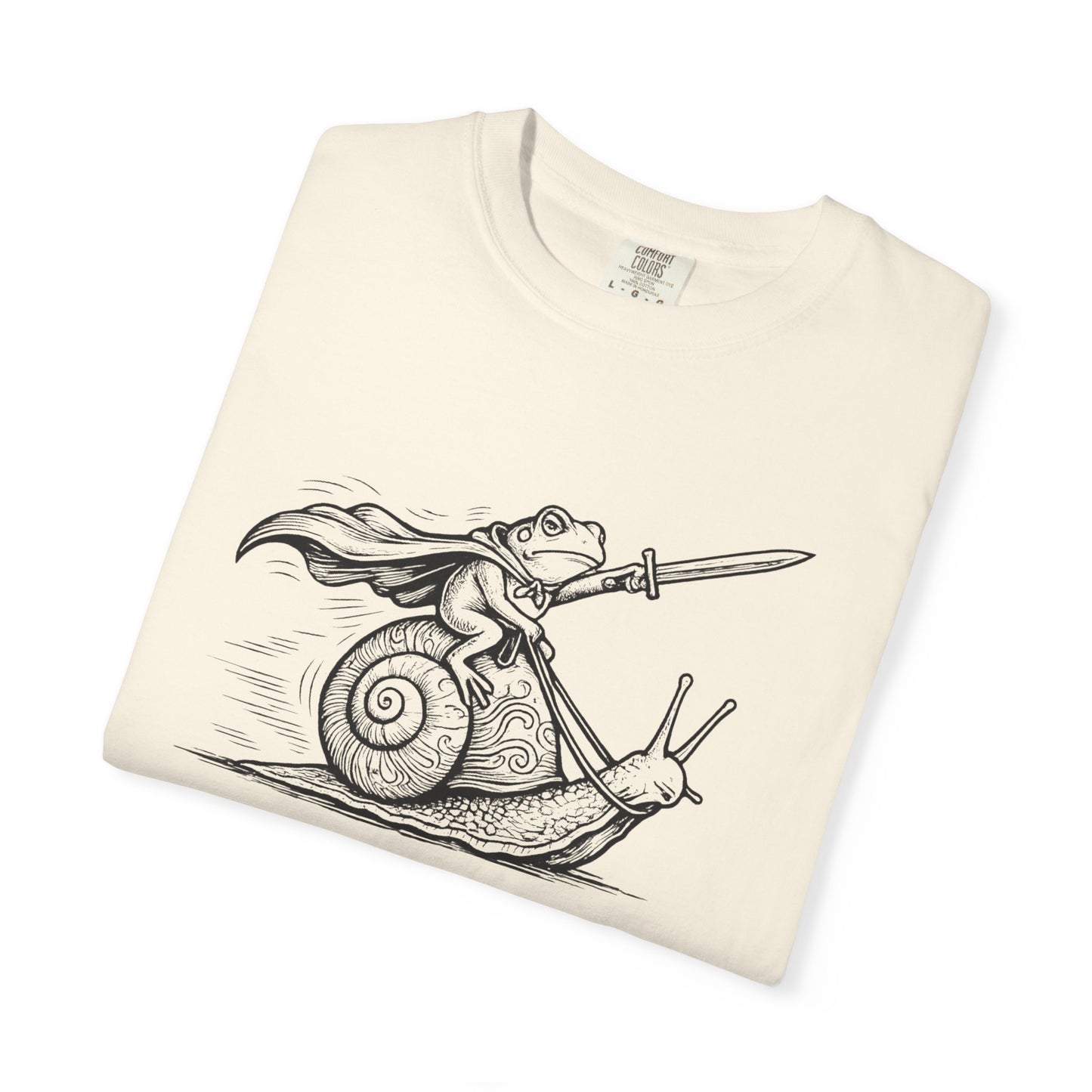 Frog Knight Riding Snail T-Shirt — "OFF TO GET SNACKS"