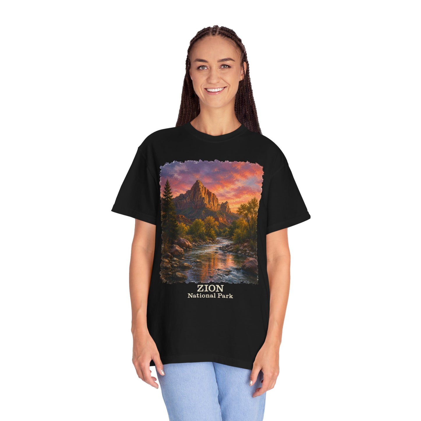 Zion National Park Scenic T-Shirt — Sunset Mountain River The Watchman Graphic Tee