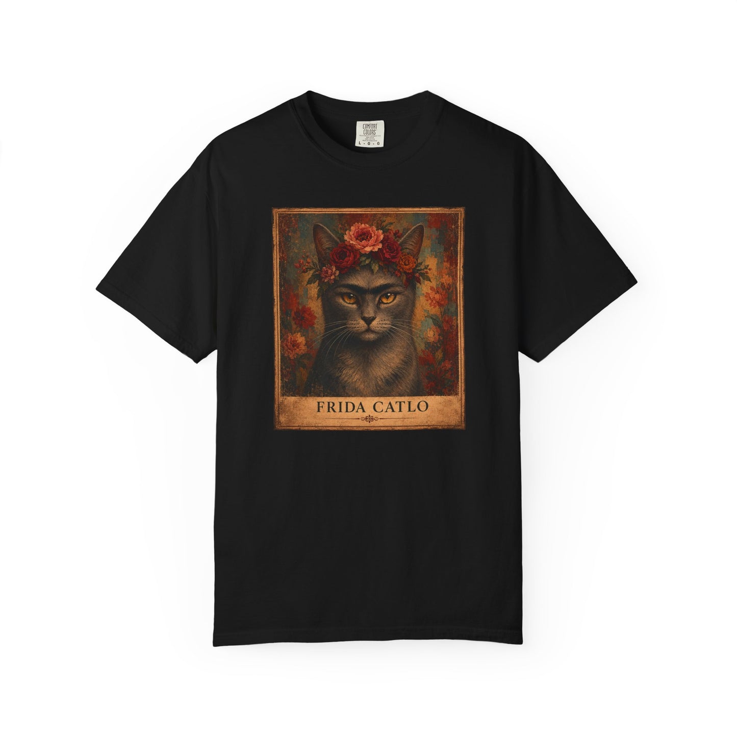 Frida Catlo Art Parody T-Shirt — Funny Frida Kahlo Cat with Flower Crown