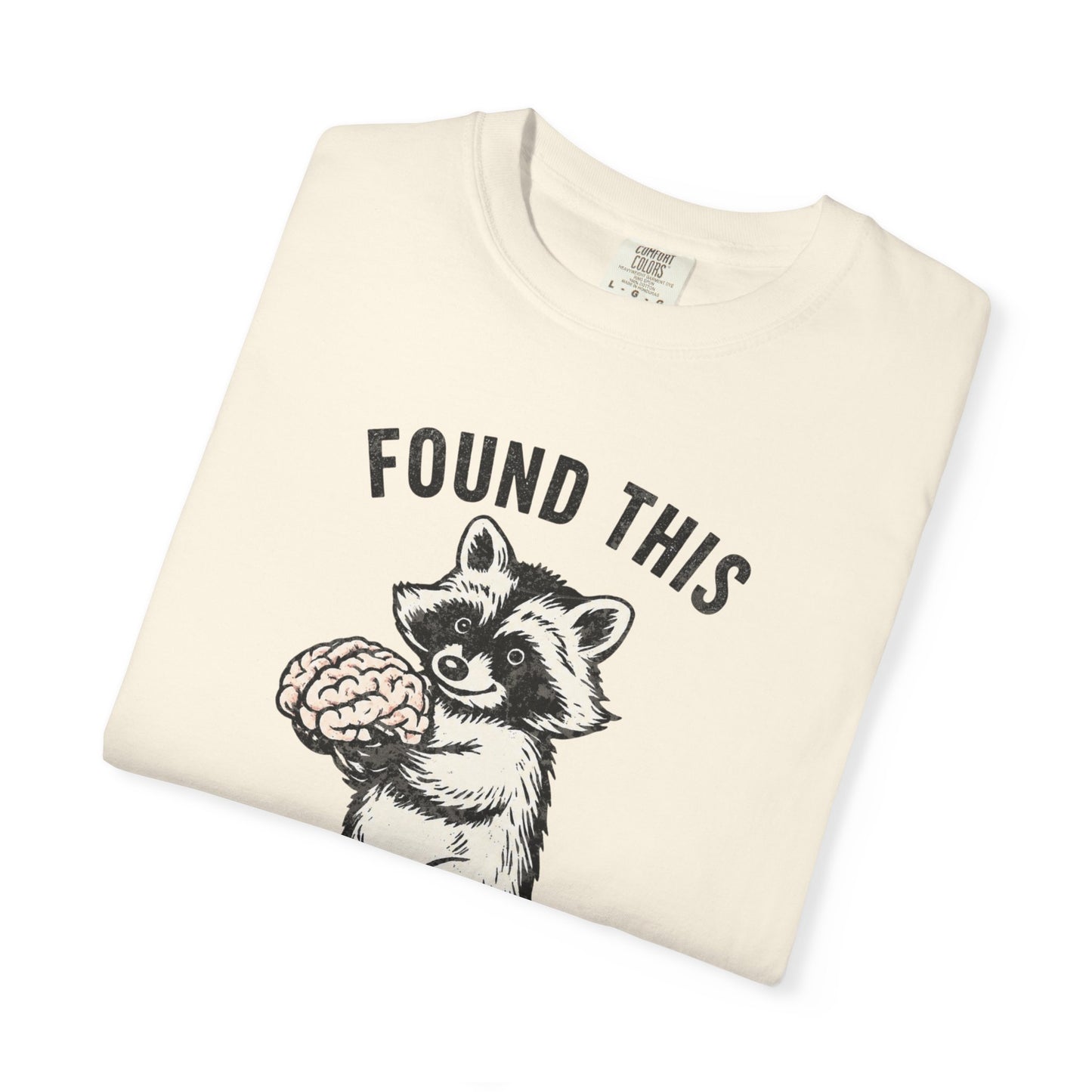 Found This Raccoon Holding Brain T-Shirt — "FOUND THIS / FIGURED IT WAS YOURS"