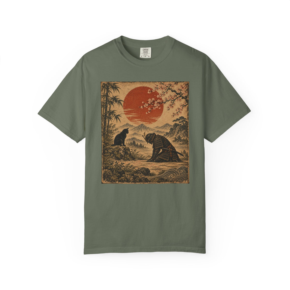 Vintage Japanese-Inspired Samurai & Black Cat Shirt Graphic Tee