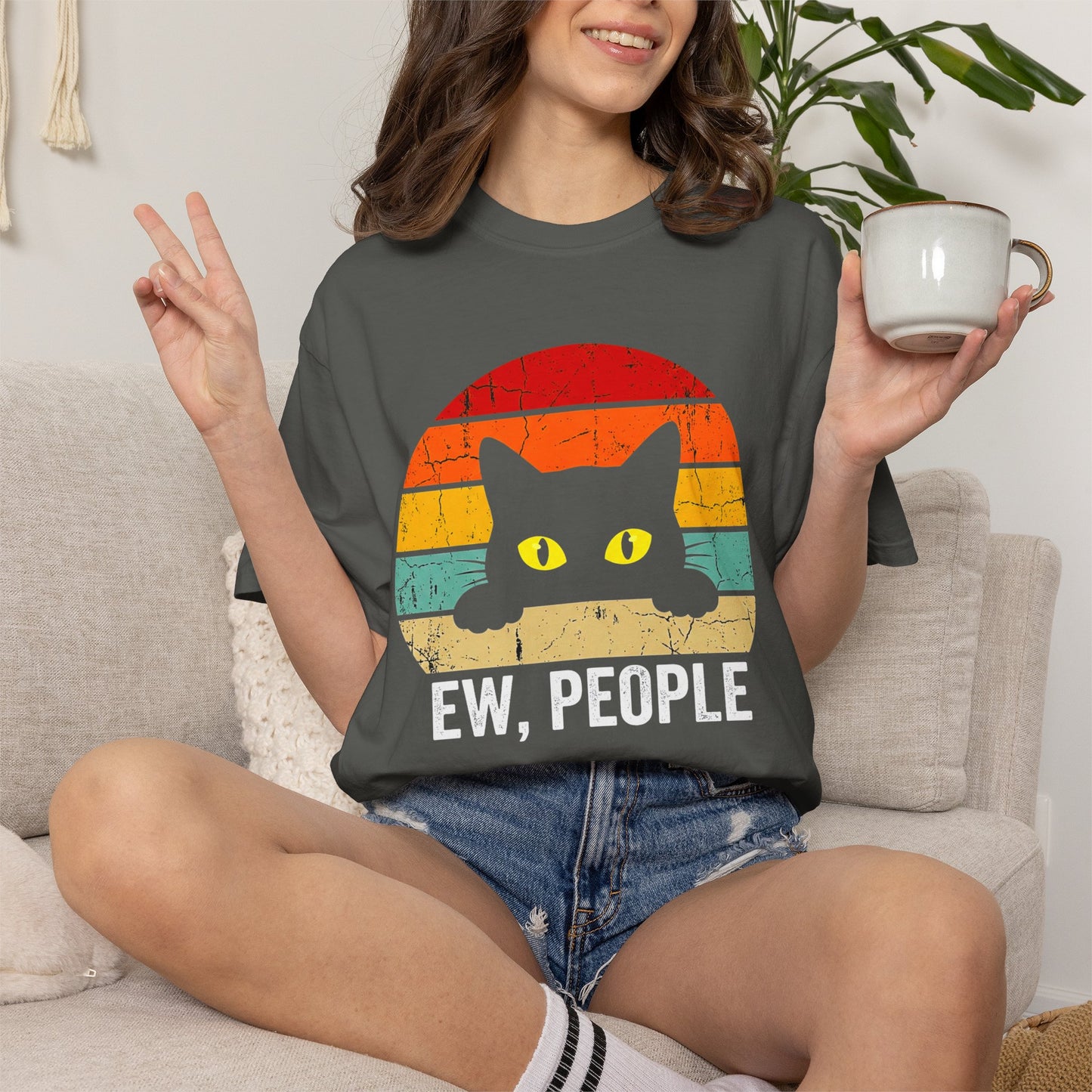 Ew, People Cat T-Shirt — Retro Sunset Graphic for Introverts & Cat Lovers
