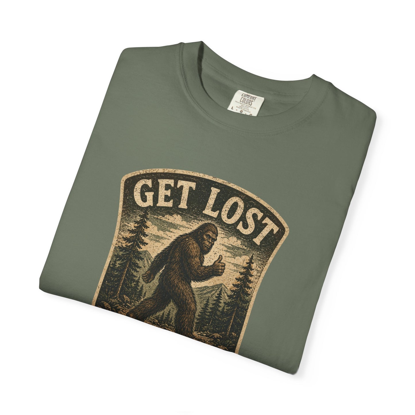 GET LOST Bigfoot Vintage Badge T-shirt — Retro Camping & Hiking Tee