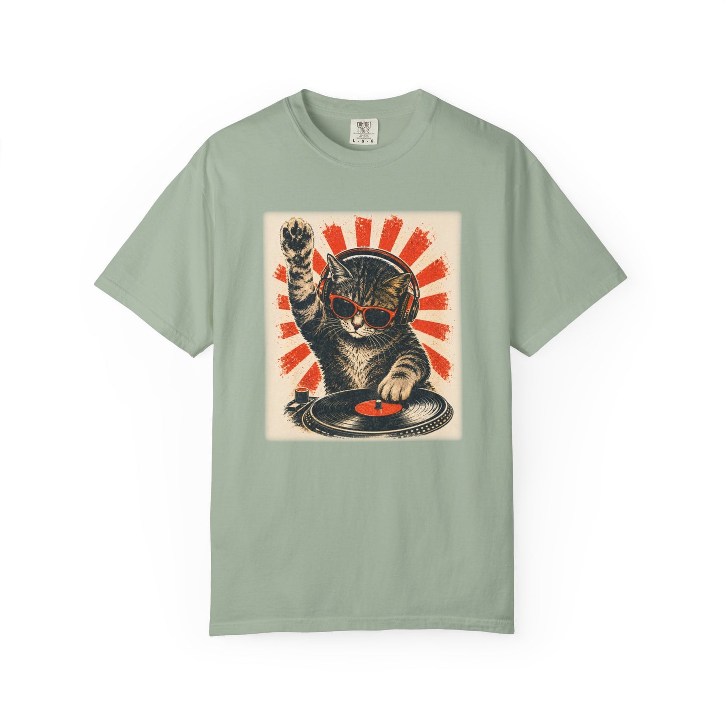Retro DJ Cat T-Shirt — Vintage Sunburst Distressed Poster Design