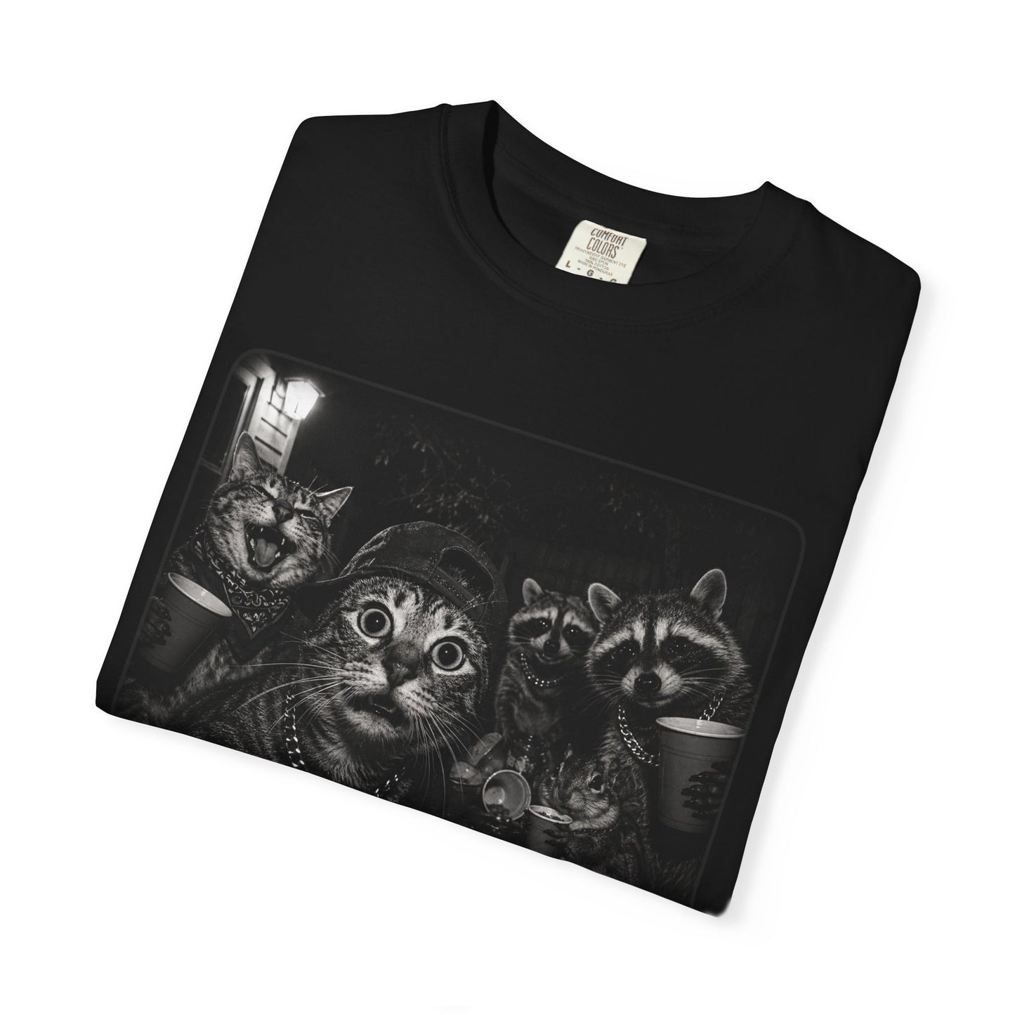 Backyard Midnight Party T-Shirt — Raccoons, Cats & Squirrels Porch Party Design
