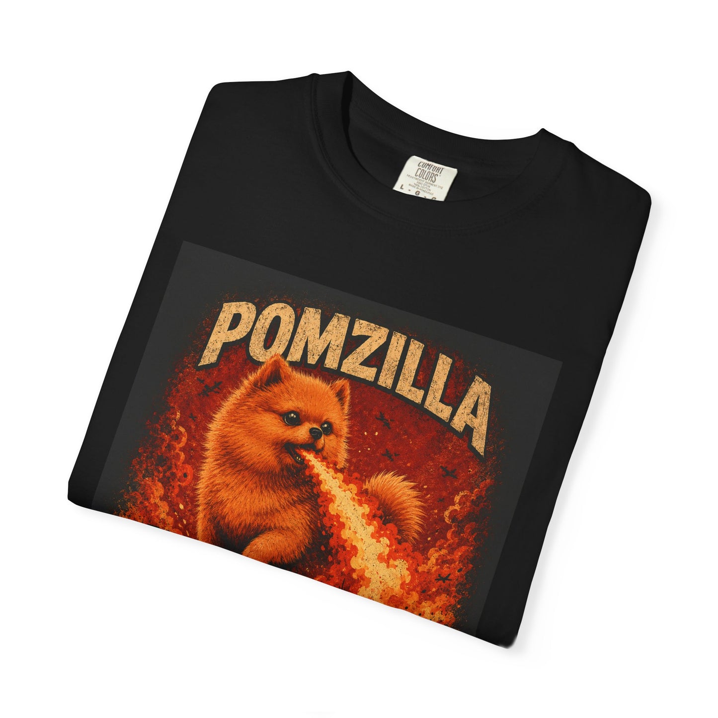 Pomzilla Funny Pomeranian Monster T-Shirt | Retro Kaiju Dog Graphic Tee | Vintage Fire-Breathing Pom Shirt