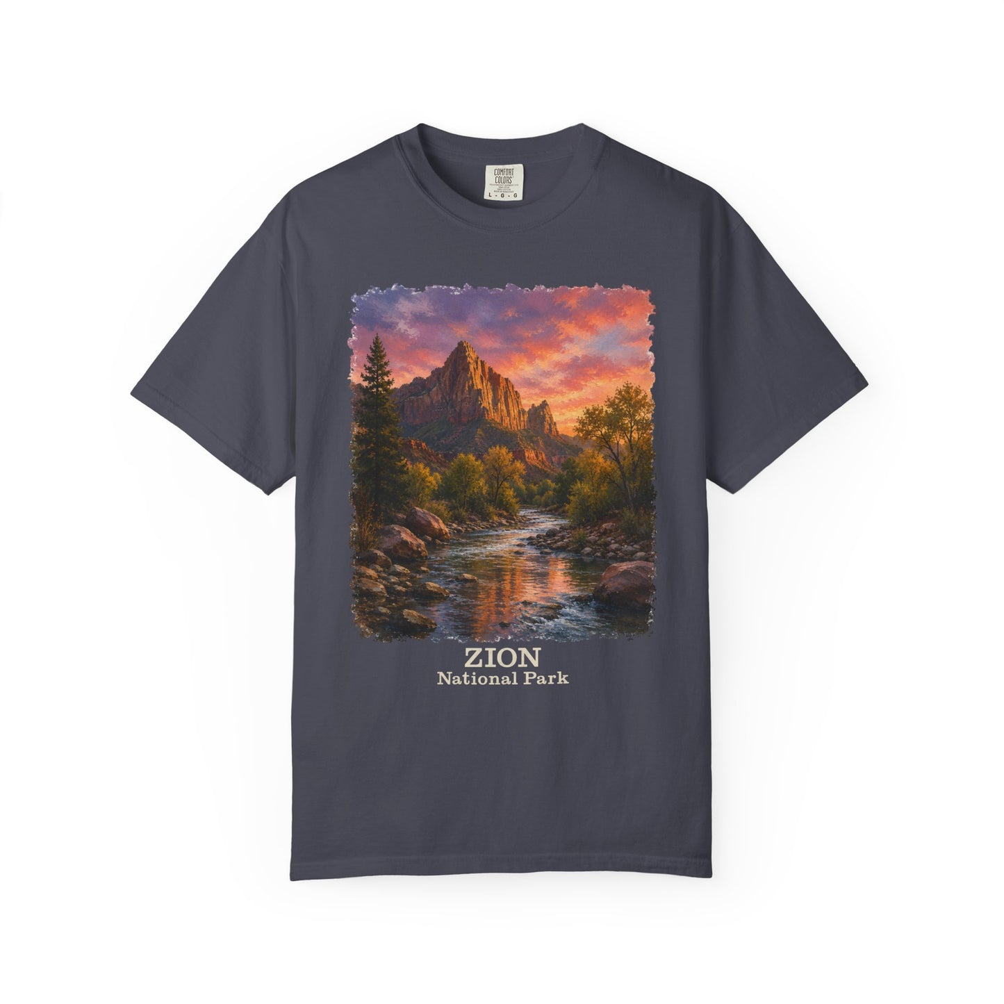 Zion National Park Scenic T-Shirt — Sunset Mountain River The Watchman Graphic Tee