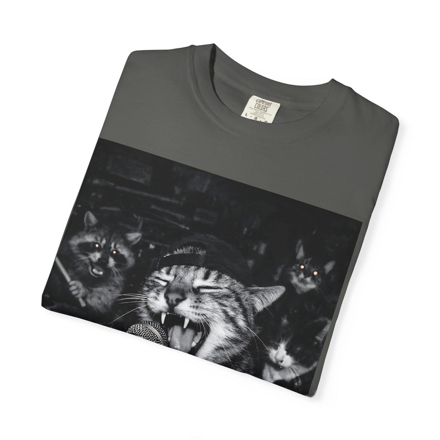 Garage Band Cat T-Shirt – Funny Rock Band Cat Tee – Vintage Punk Animal Shirt – Raccoon & Cat Graphic Tee – Unisex Music Lover Shirt