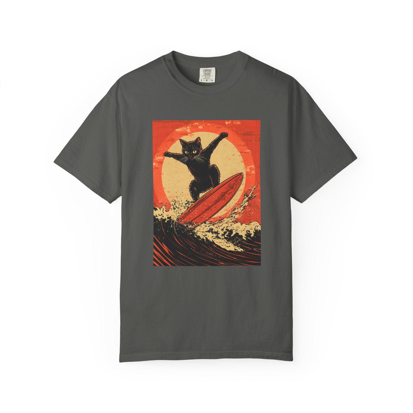 Retro Black Cat Surfing T-Shirt — Vintage Surf Poster Tee