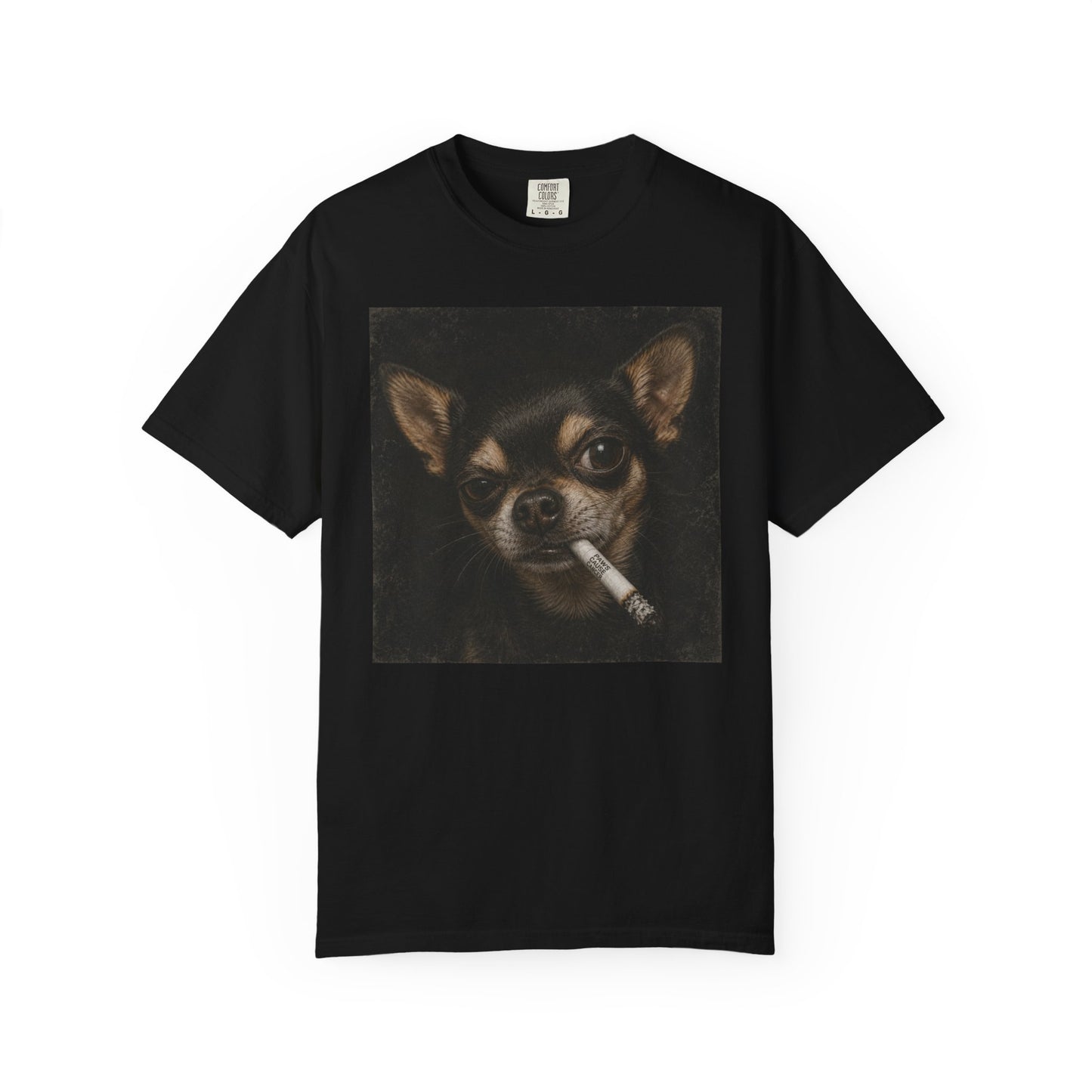 Tough Side-Eye Chihuahua T-Shirt — Distressed Photo Realistic ’Paws Cause Cancer’ Design