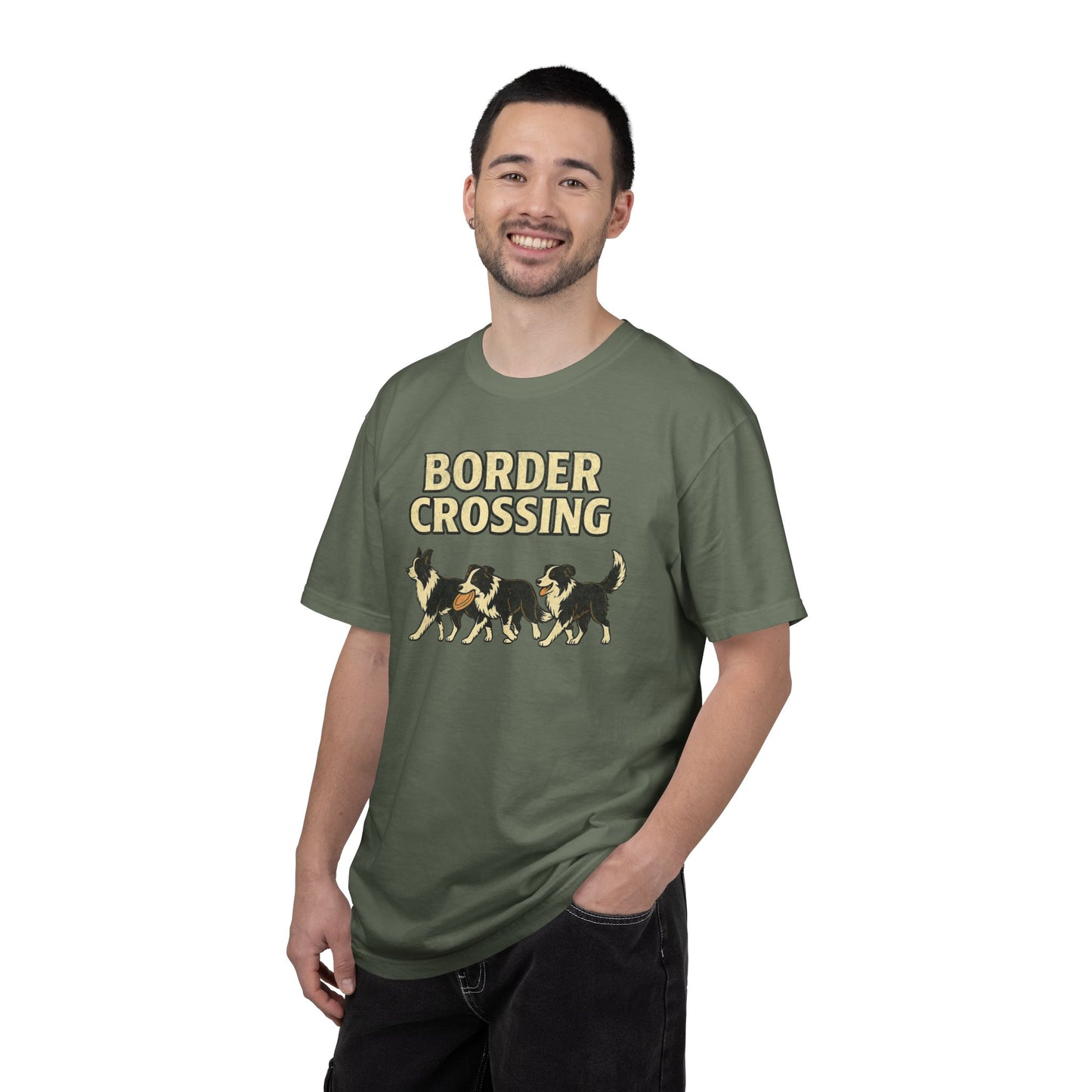 Vintage Graphic Border Collie 'Border Crossing' T-Shirt, Funny Gift for Border Collie and Dog Lovers