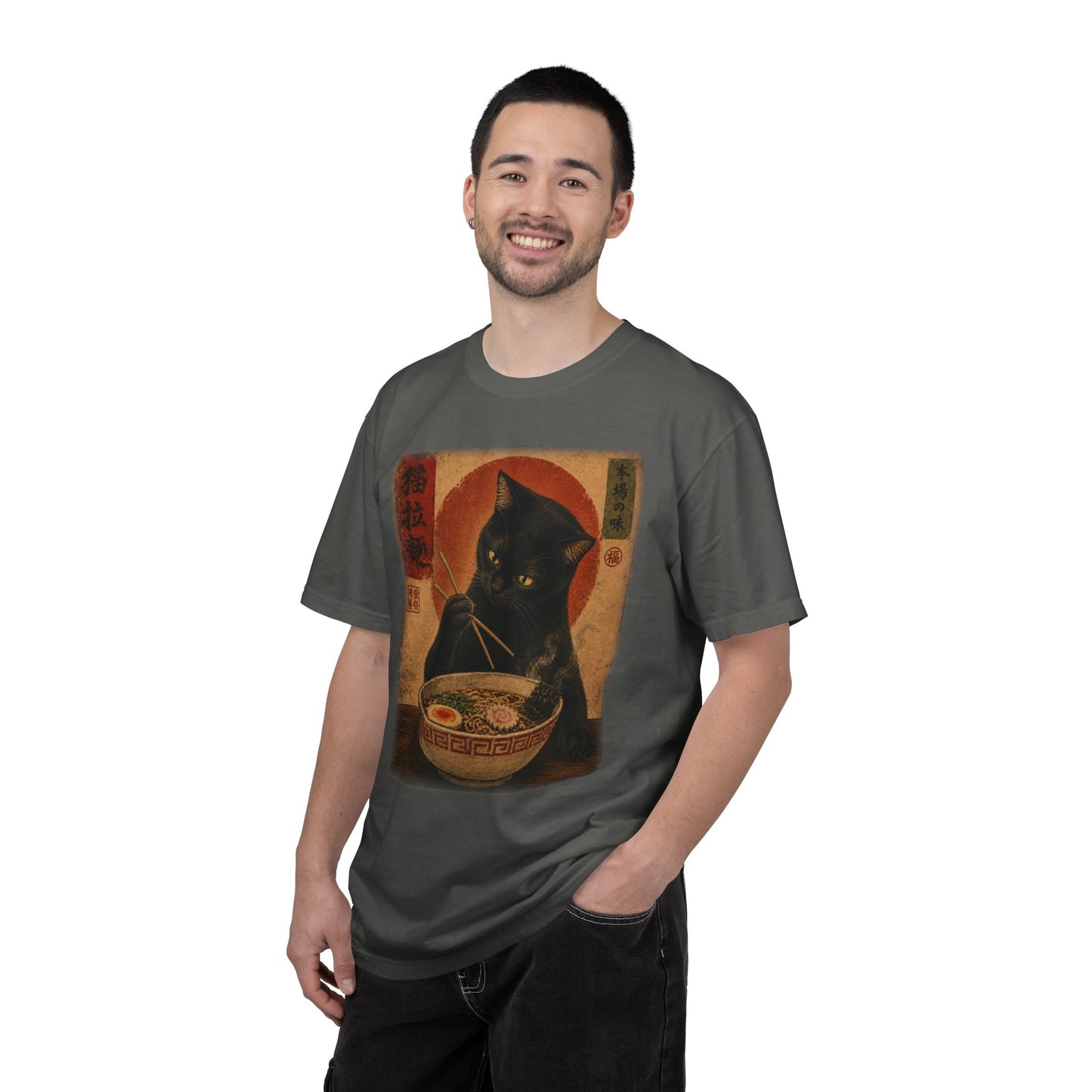 Vintage Ramen Cat Shirt | Black Cat Eating Noodles Graphic Tee | Japanese-Inspired Cat Lover Comfort Colors® T-Shirt