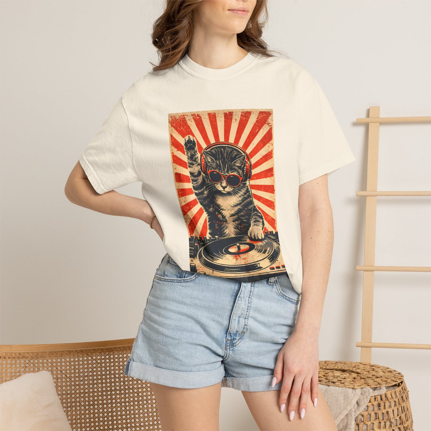 Retro DJ Cat T-Shirt — Vintage Sunburst Distressed Poster Design