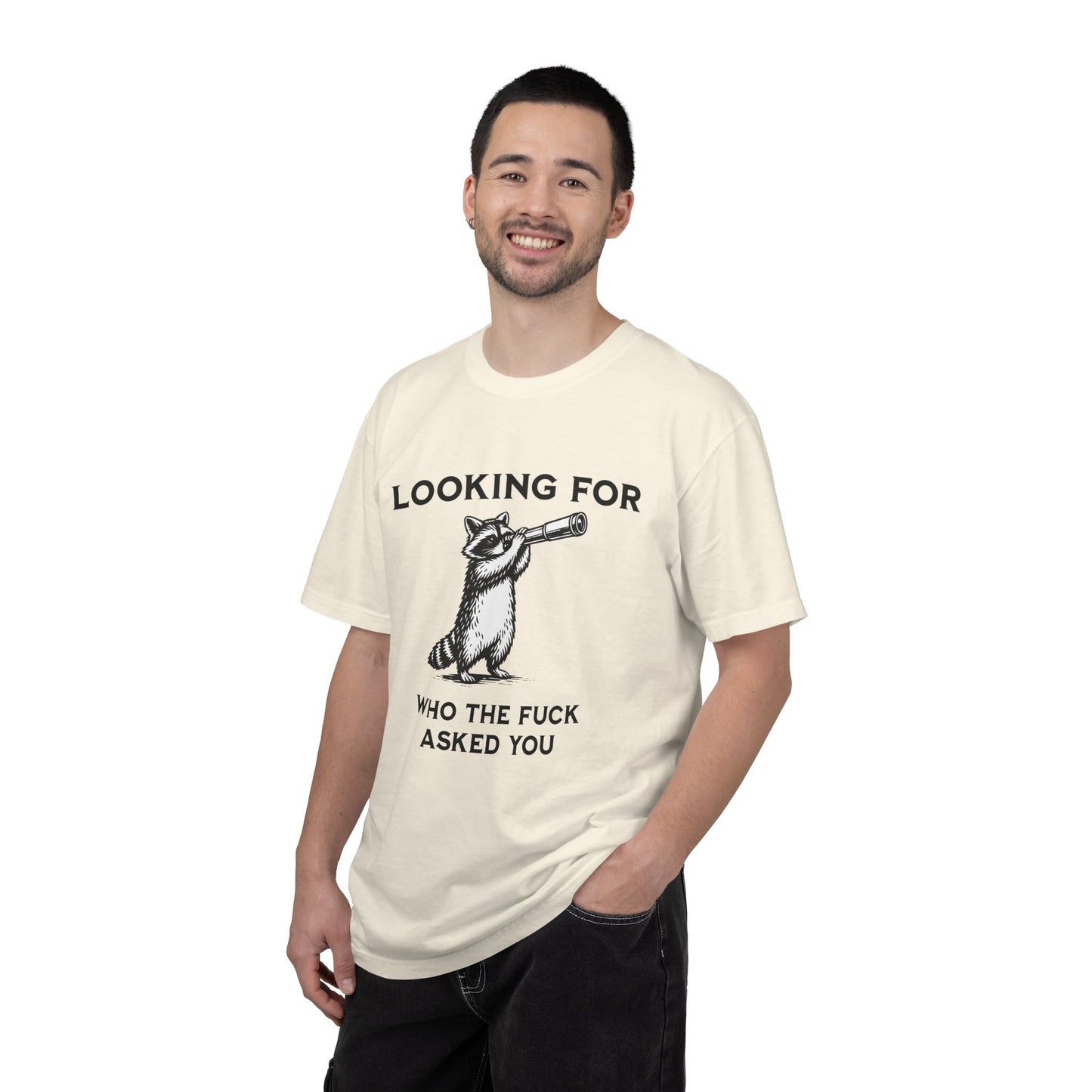 Raccoon Telescope T-Shirt — "Looking for Who the F*** Asked You" Funny Graphic Tee