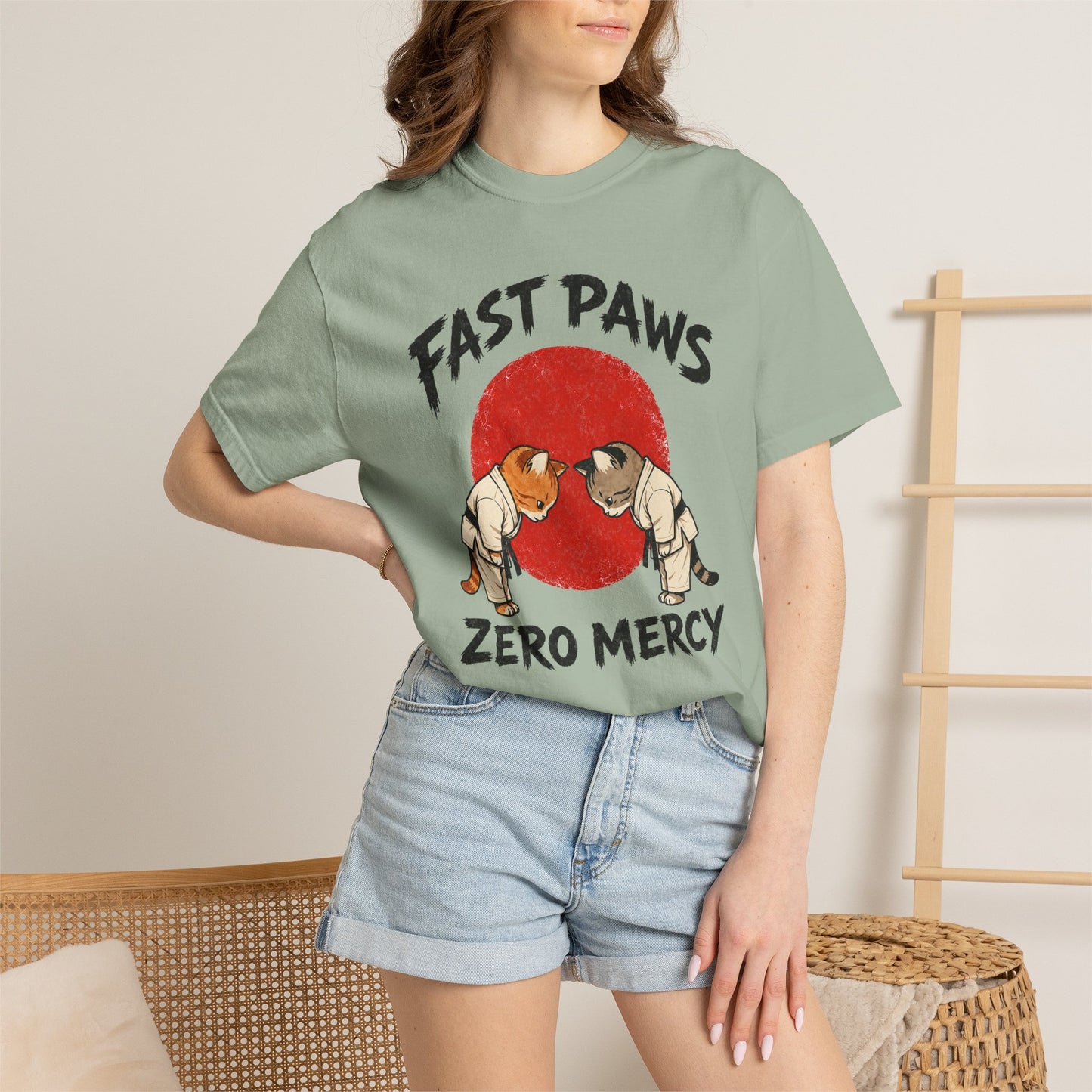 Fast Paws Zero Mercy T-Shirt | Funny Karate Cat Graphic Tee