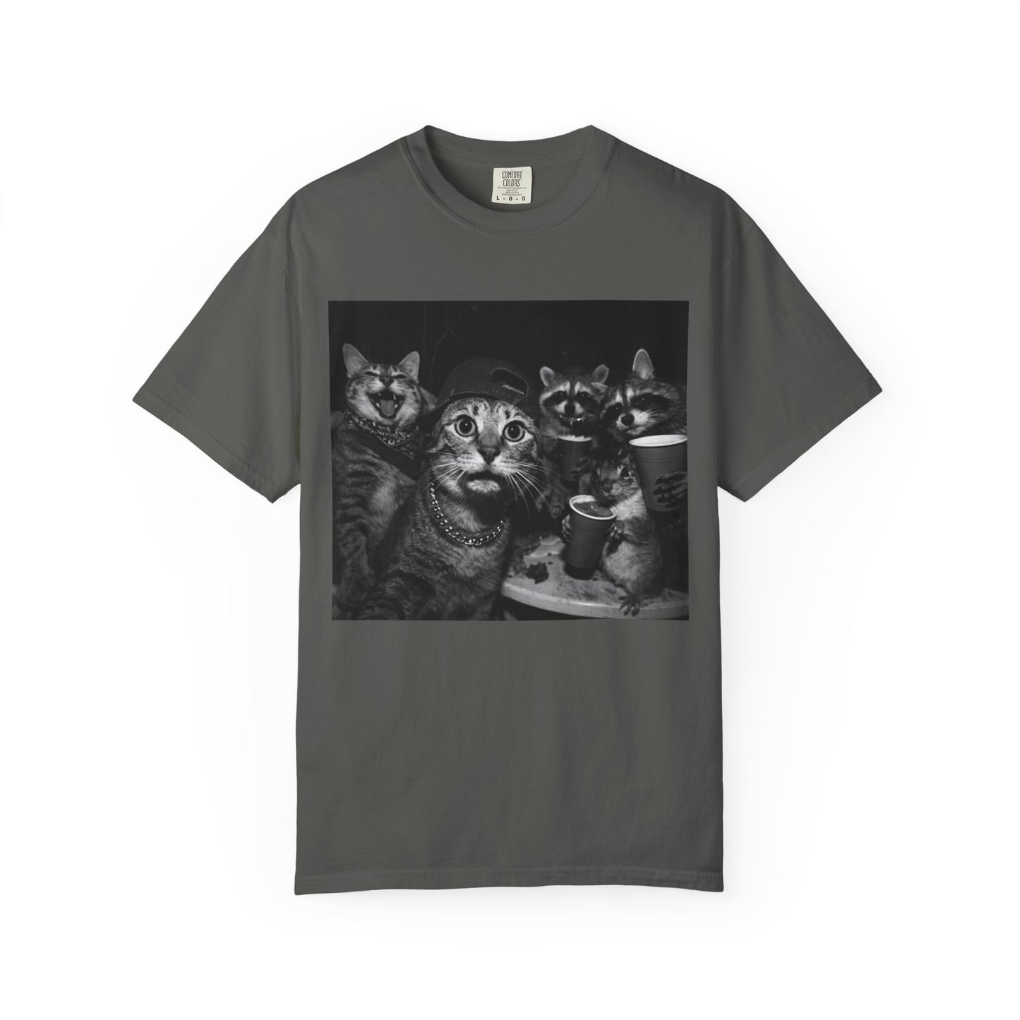Backyard Wildlife Party T-Shirt — Funny Raccoon, Cat & Squirrel Caught in the Act