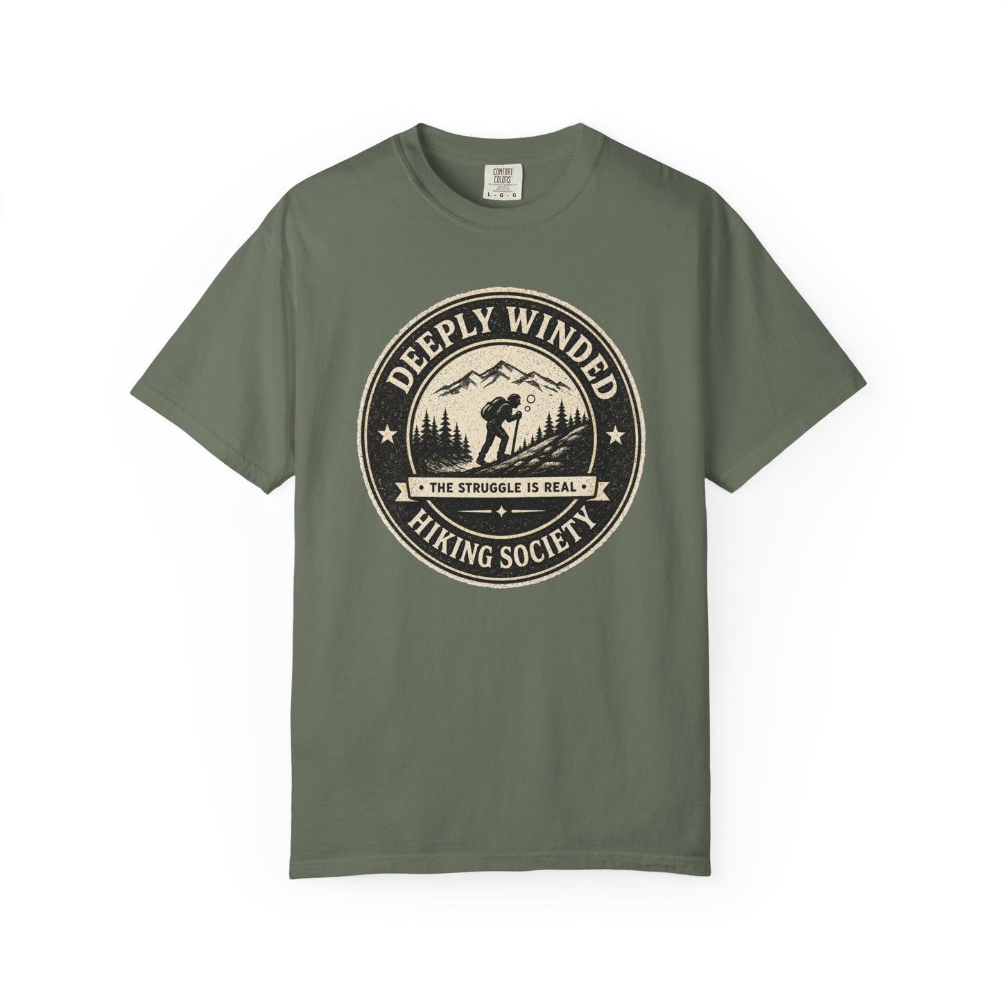 Deeply Winded Hiking Society T-Shirt — Playful Hiker Badge Design