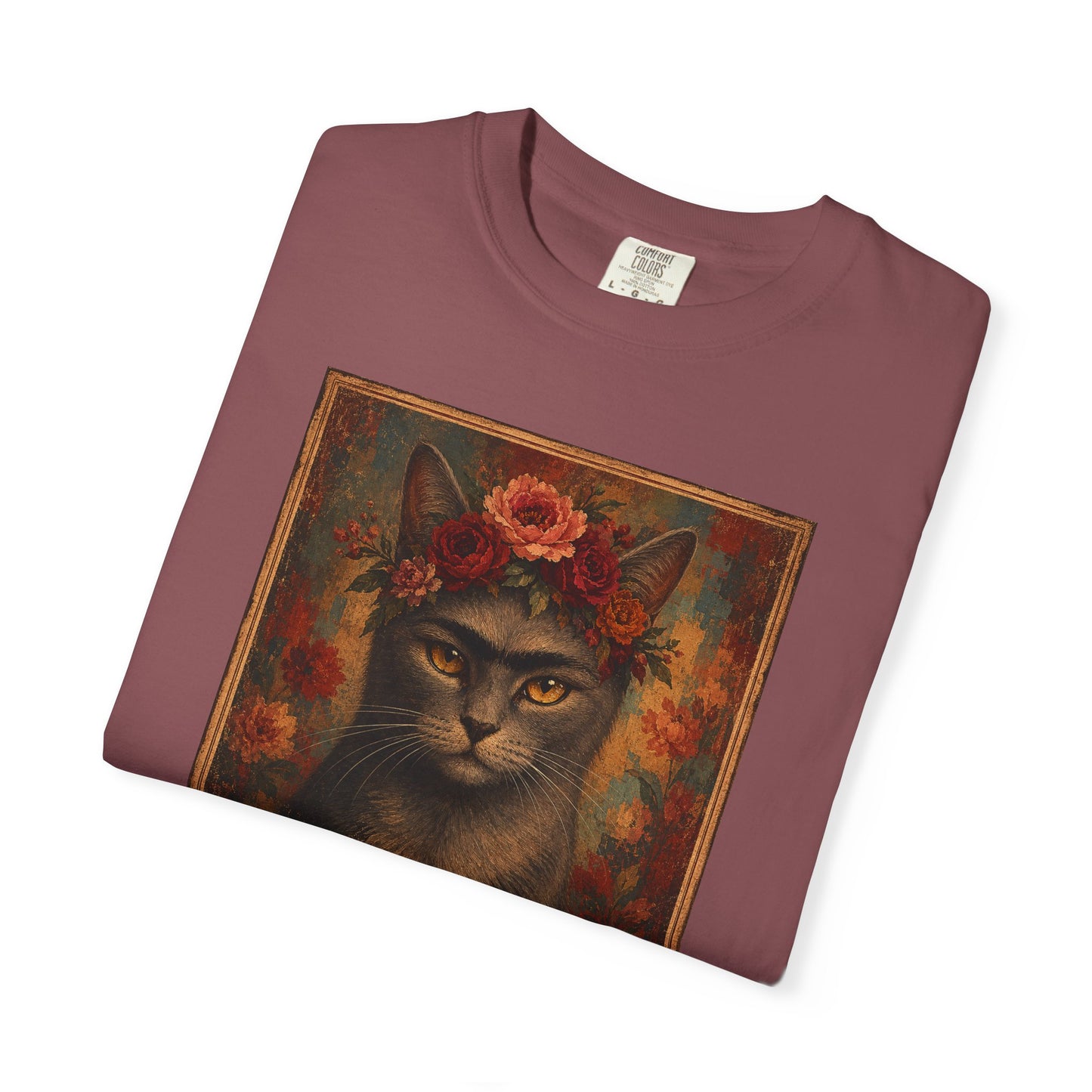Frida Catlo Art Parody T-Shirt — Funny Frida Kahlo Cat with Flower Crown