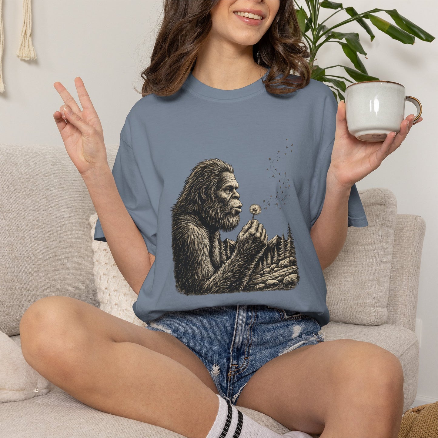 Bigfoot Blowing Dandelion Wish T-Shirt — Sasquatch Hiking Camper Tee